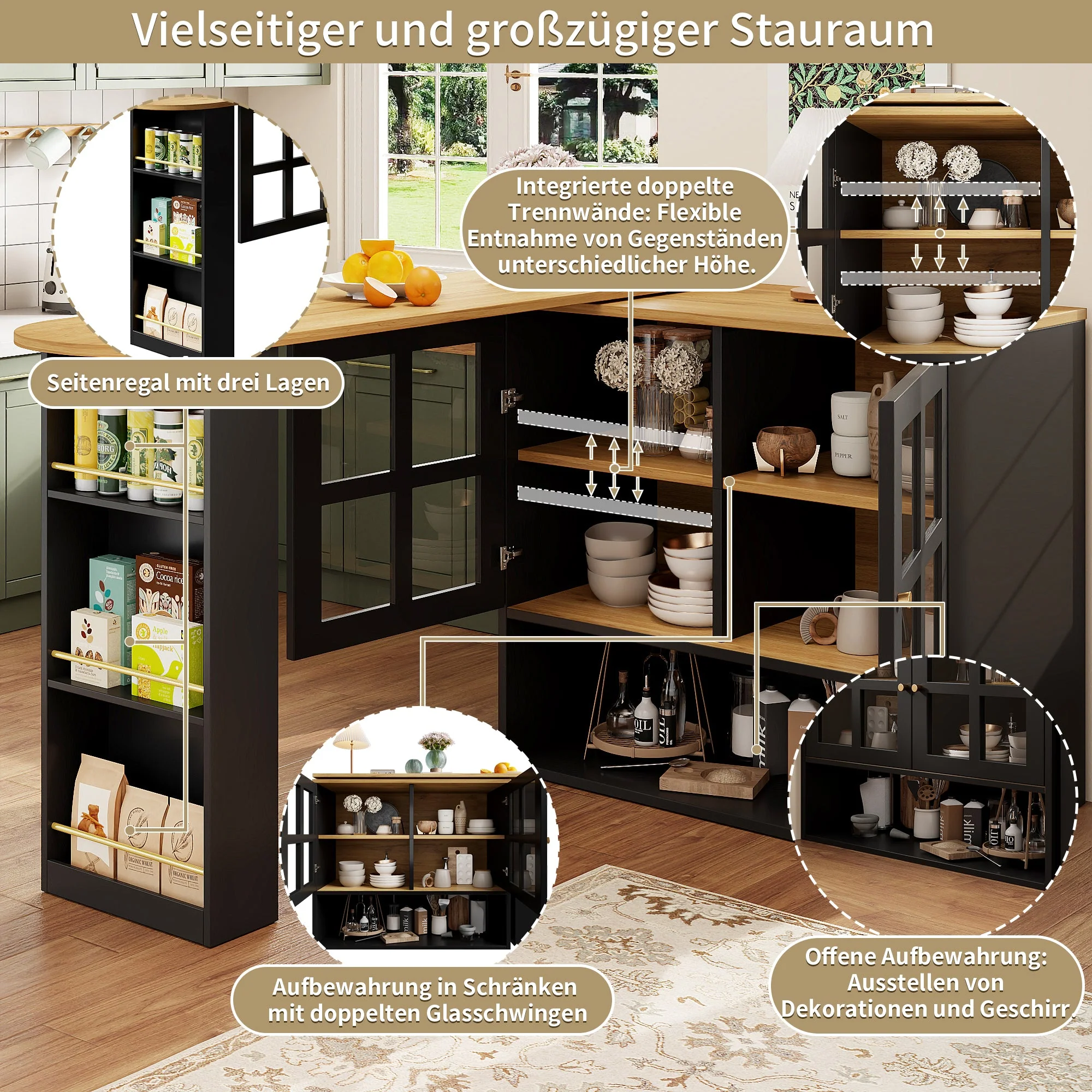 Dining Bar, 360° Rotating Multifunctional with 5 Shelves, Black - Image 8