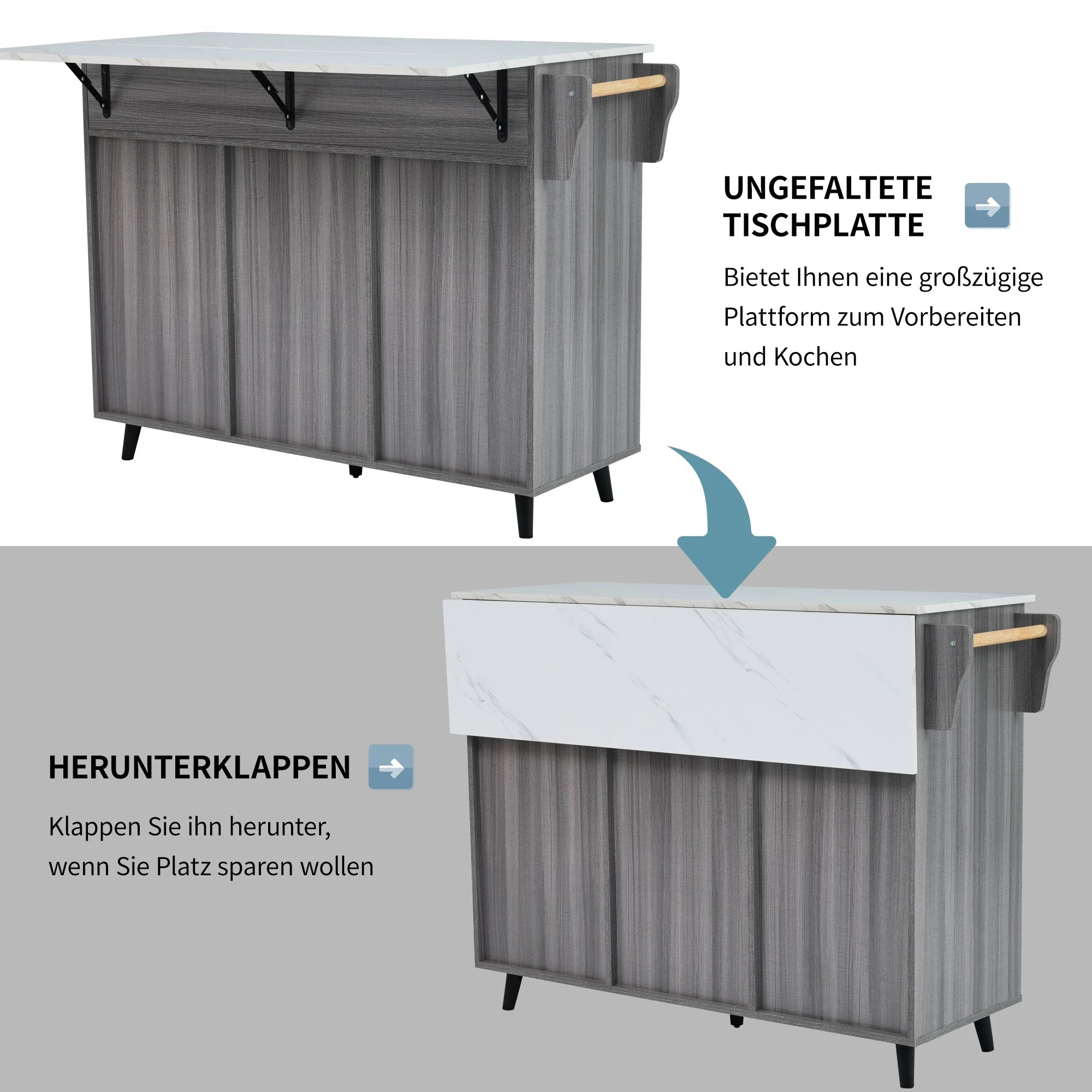 Dining Cart Kitchen Island Folding Table 5 Wheels Storage 2 Drawers - White/Khaki Grey - Image 5