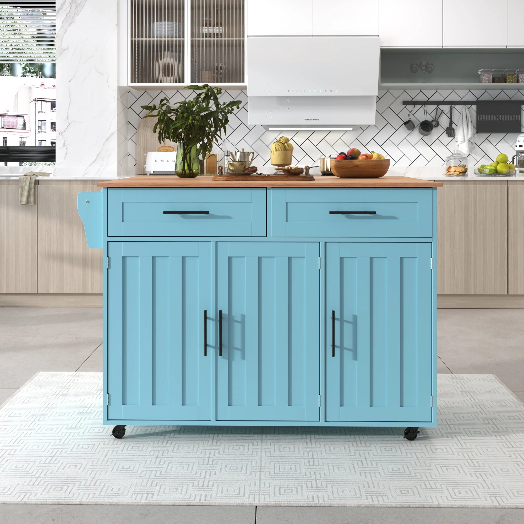 Dining Cart Sideboard Extendable Folding Worktop Storage Wheels - Blue/Wood Grain - Image 10