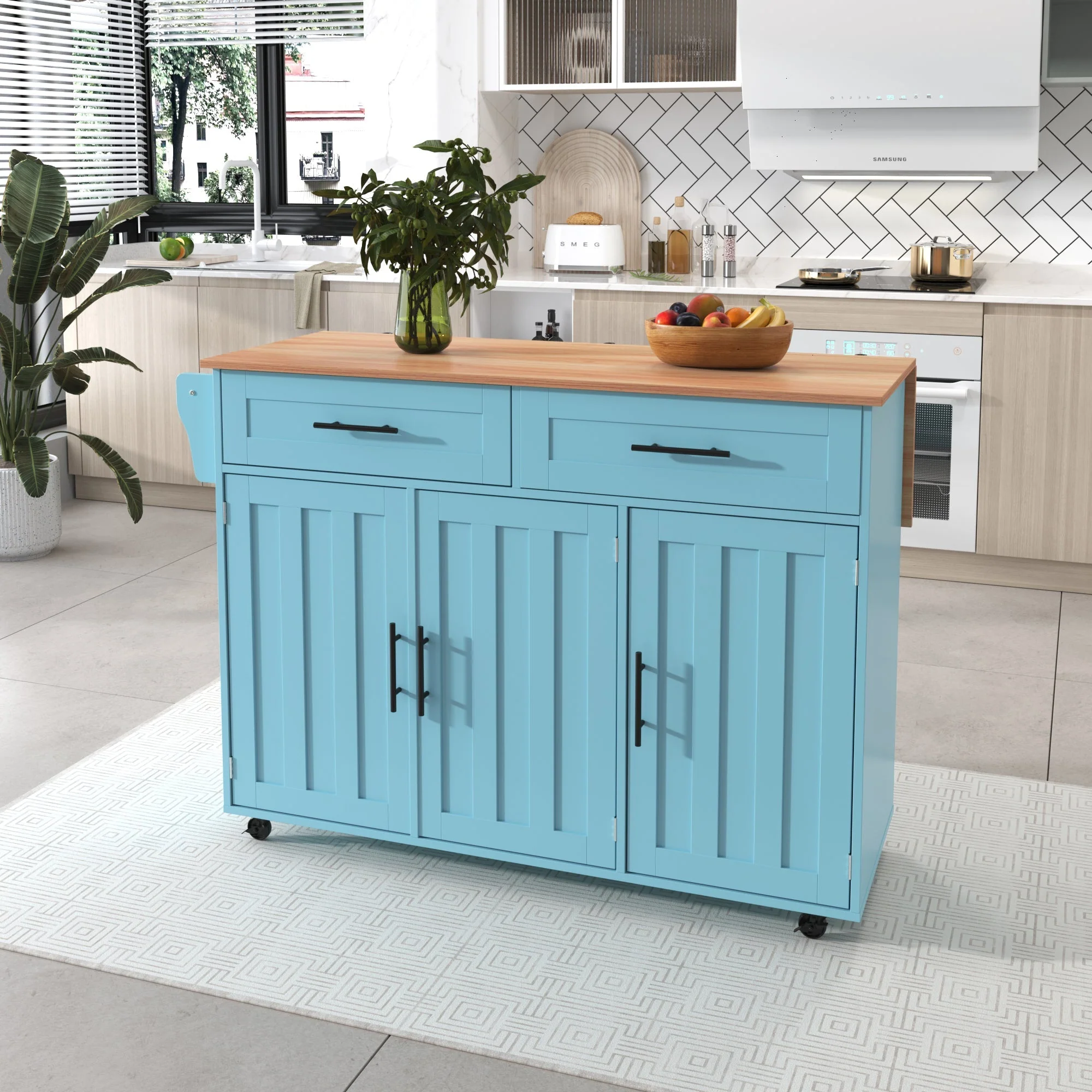 Dining Cart Sideboard Extendable Folding Worktop Storage Wheels - Blue/Wood Grain - Image 3