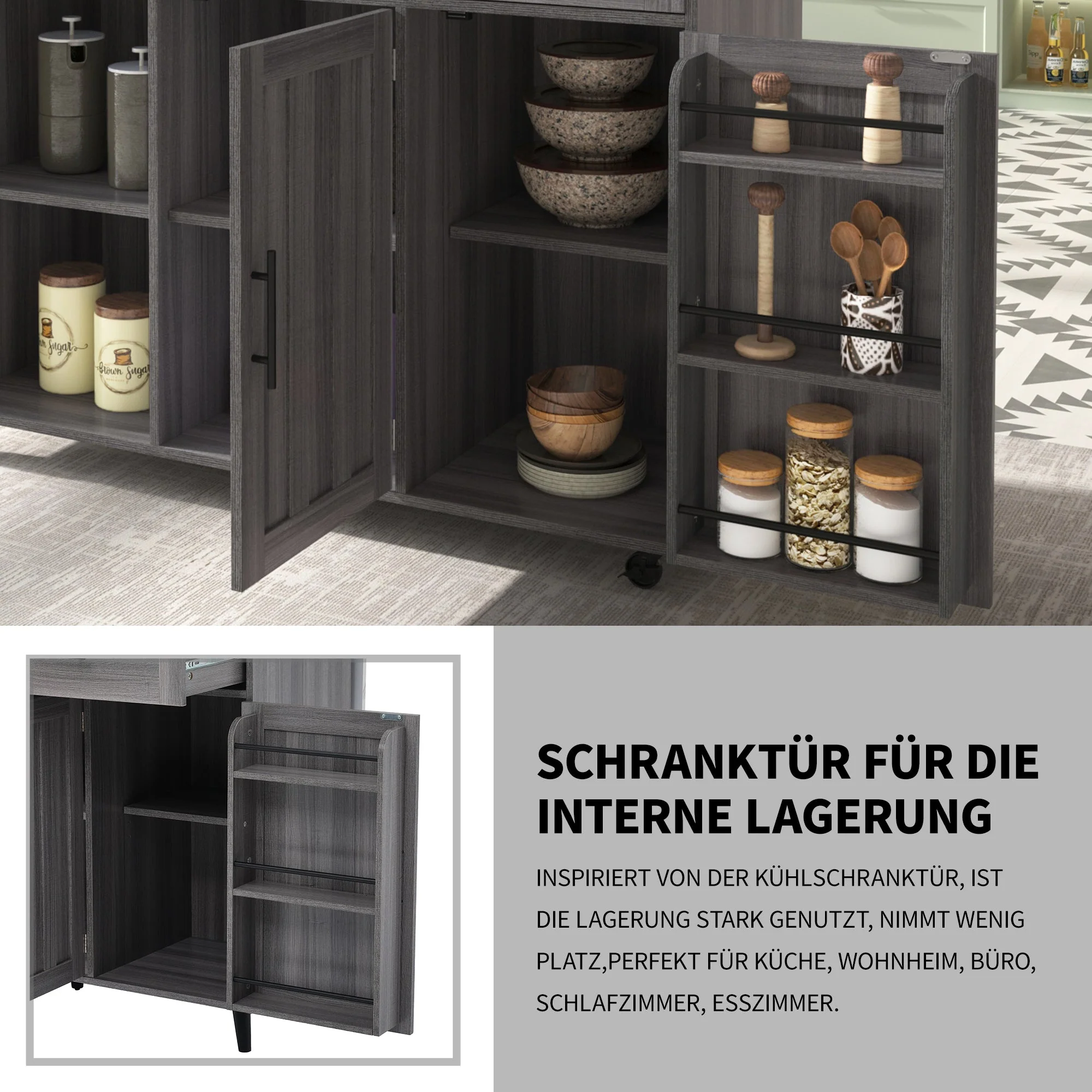 Dining Cart Sideboard Extendable White Marble Top Storage Wheels - Khaki Gray Wood Grain - Image 3