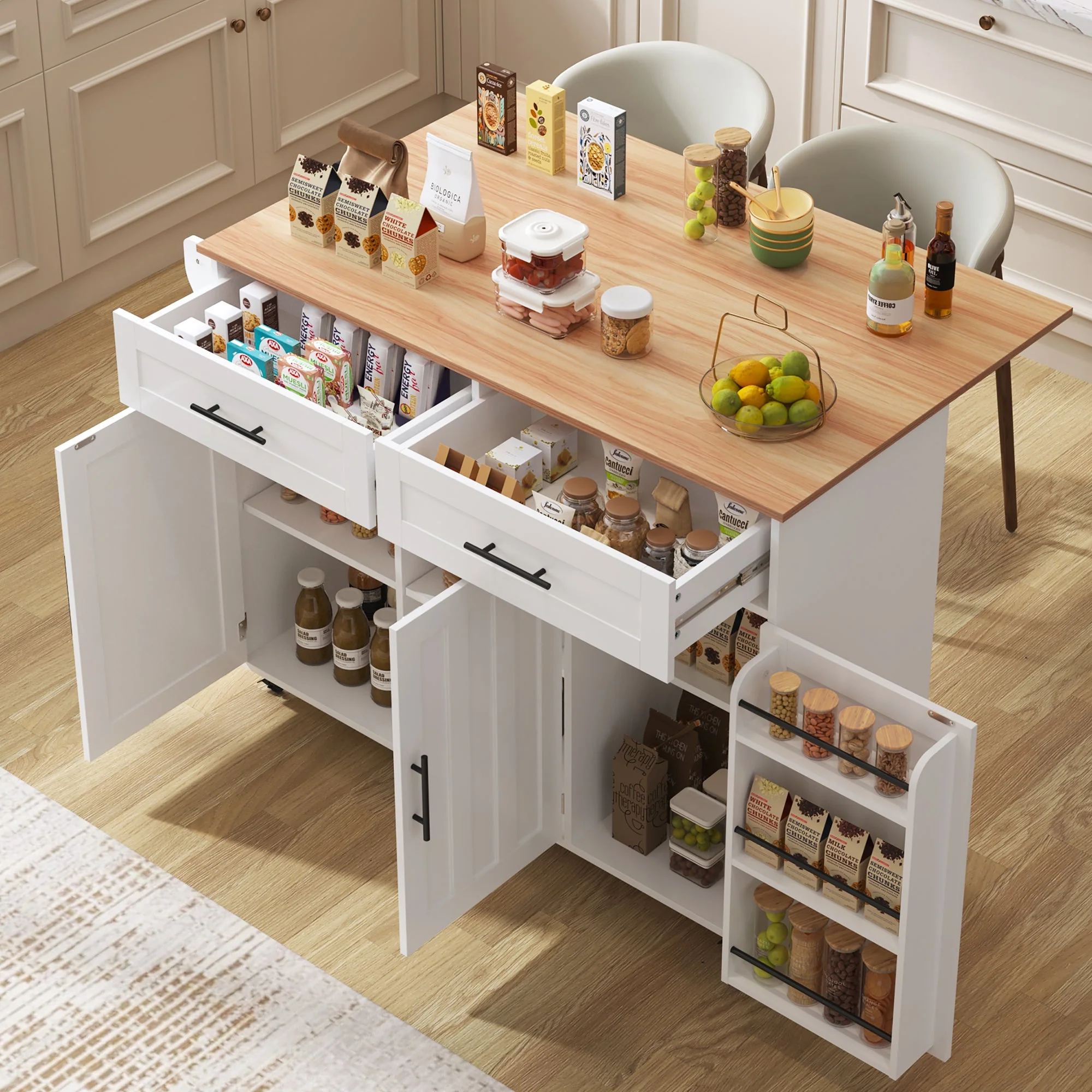 Dining Cart/Sideboard with Folding Worktop and Storage, White Cabinet/Solid Wood