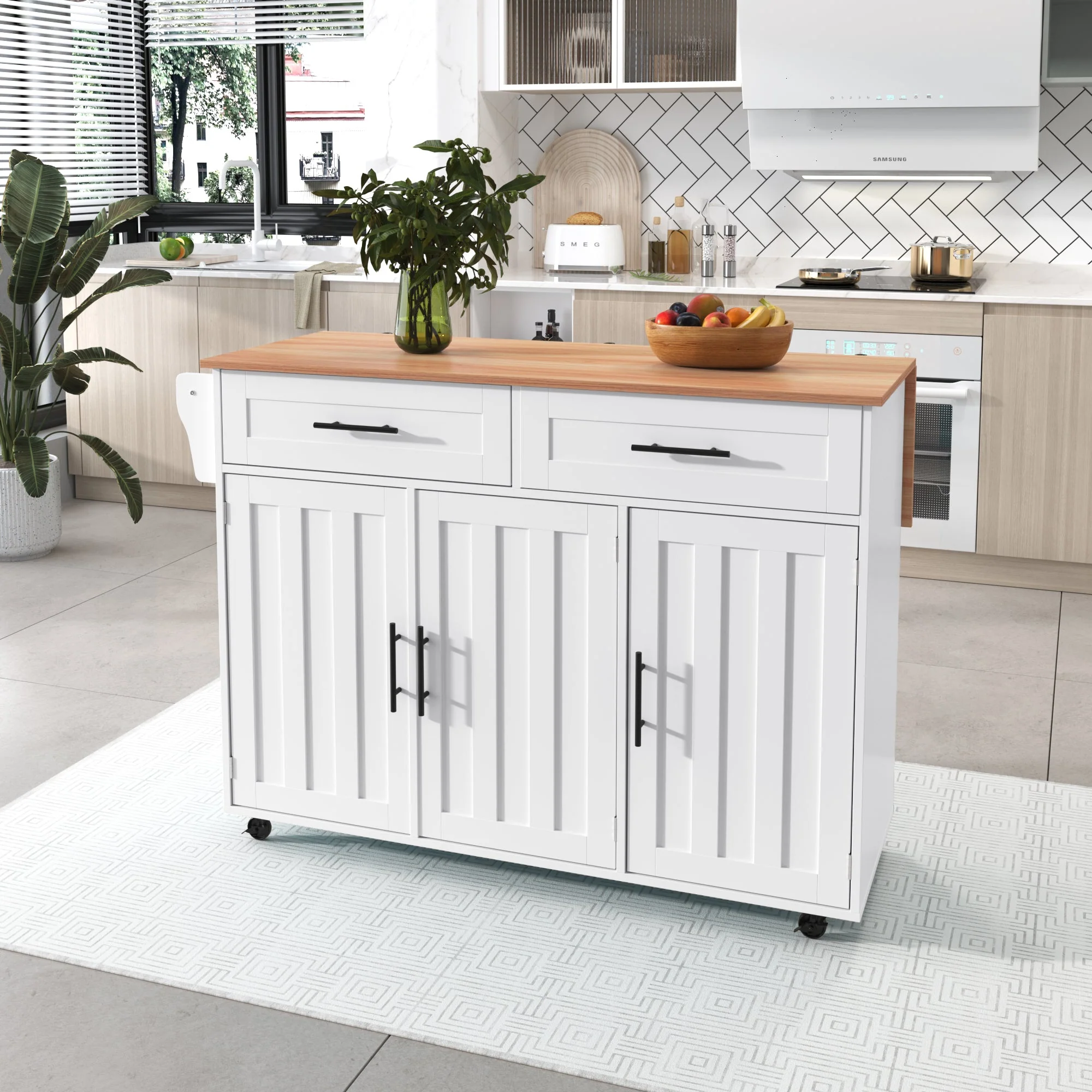 Dining Cart/Sideboard with Folding Worktop and Storage, White Cabinet/Solid Wood - Image 3