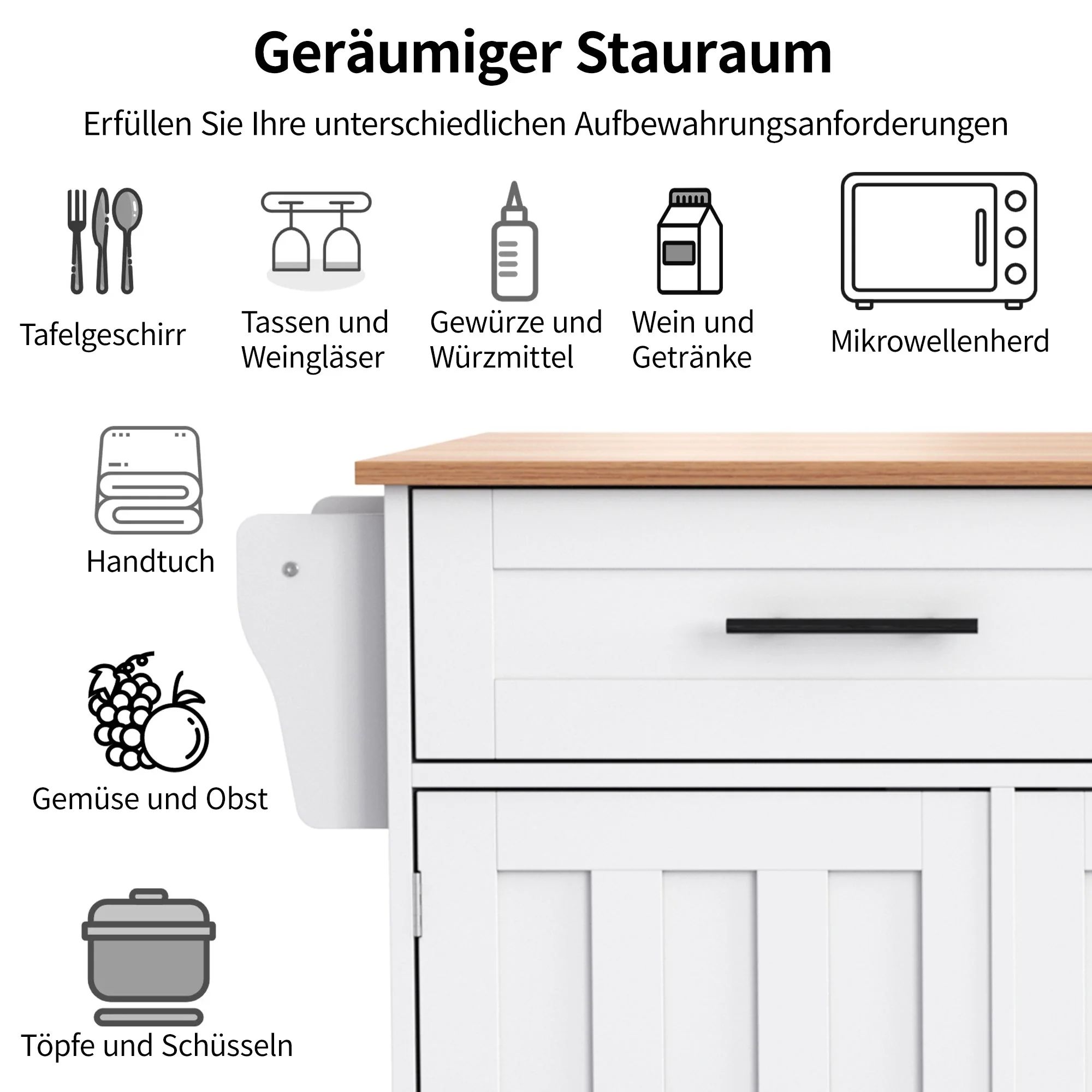 Dining Cart/Sideboard with Folding Worktop and Storage, White Cabinet/Solid Wood - Image 4