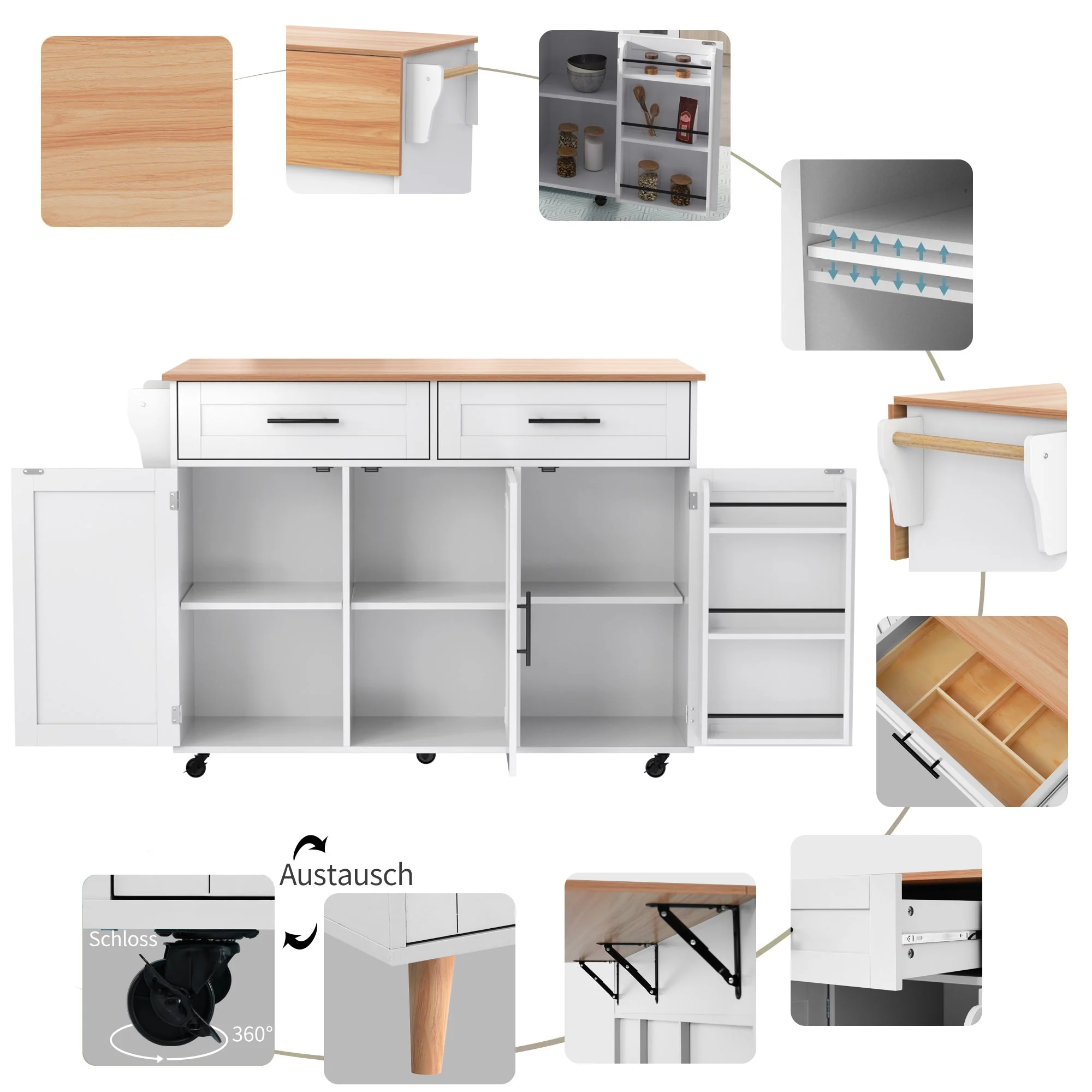 Dining Cart/Sideboard with Folding Worktop and Storage, White Cabinet/Solid Wood - Image 5
