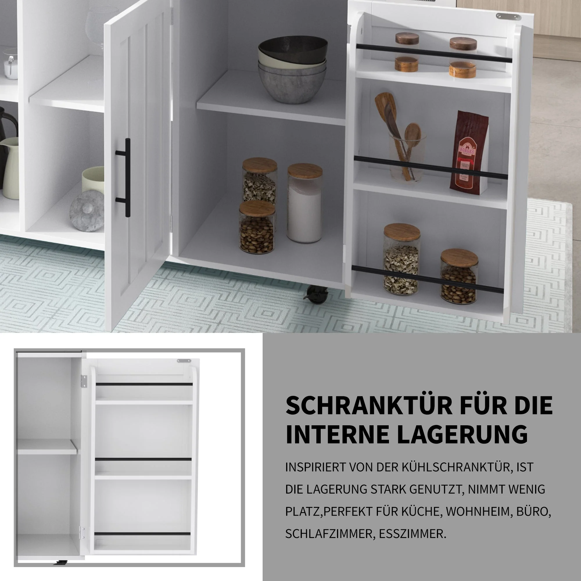 Dining Cart/Sideboard with Folding Worktop and Storage, White Cabinet/Solid Wood - Image 6