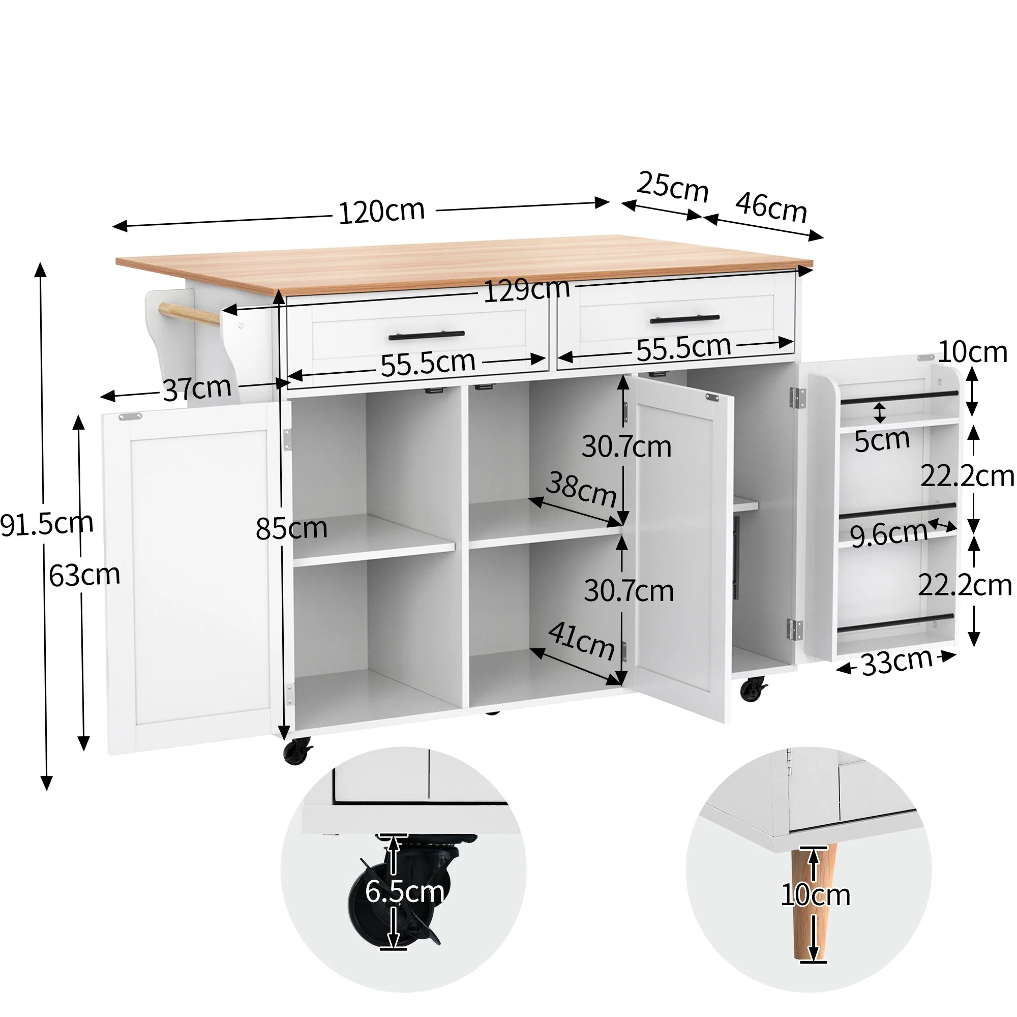 Dining Cart/Sideboard with Folding Worktop and Storage, White Cabinet/Solid Wood - Image 7