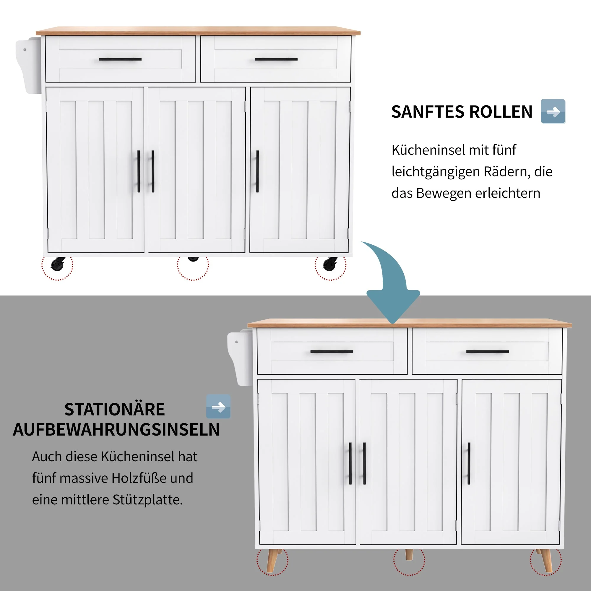 Dining Cart/Sideboard with Folding Worktop and Storage, White Cabinet/Solid Wood - Image 9