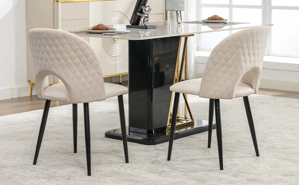 Dining Chair (2 Pcs), Upholstered Design with Velvet Seat, Metal Frame, Adjustable Feet, Diamond Pattern, Beige - Image 4