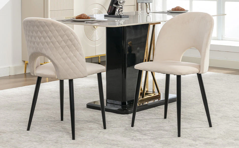 Dining Chair (2 Pcs), Upholstered Design with Velvet Seat, Metal Frame, Adjustable Feet, Diamond Pattern, Beige - Image 5