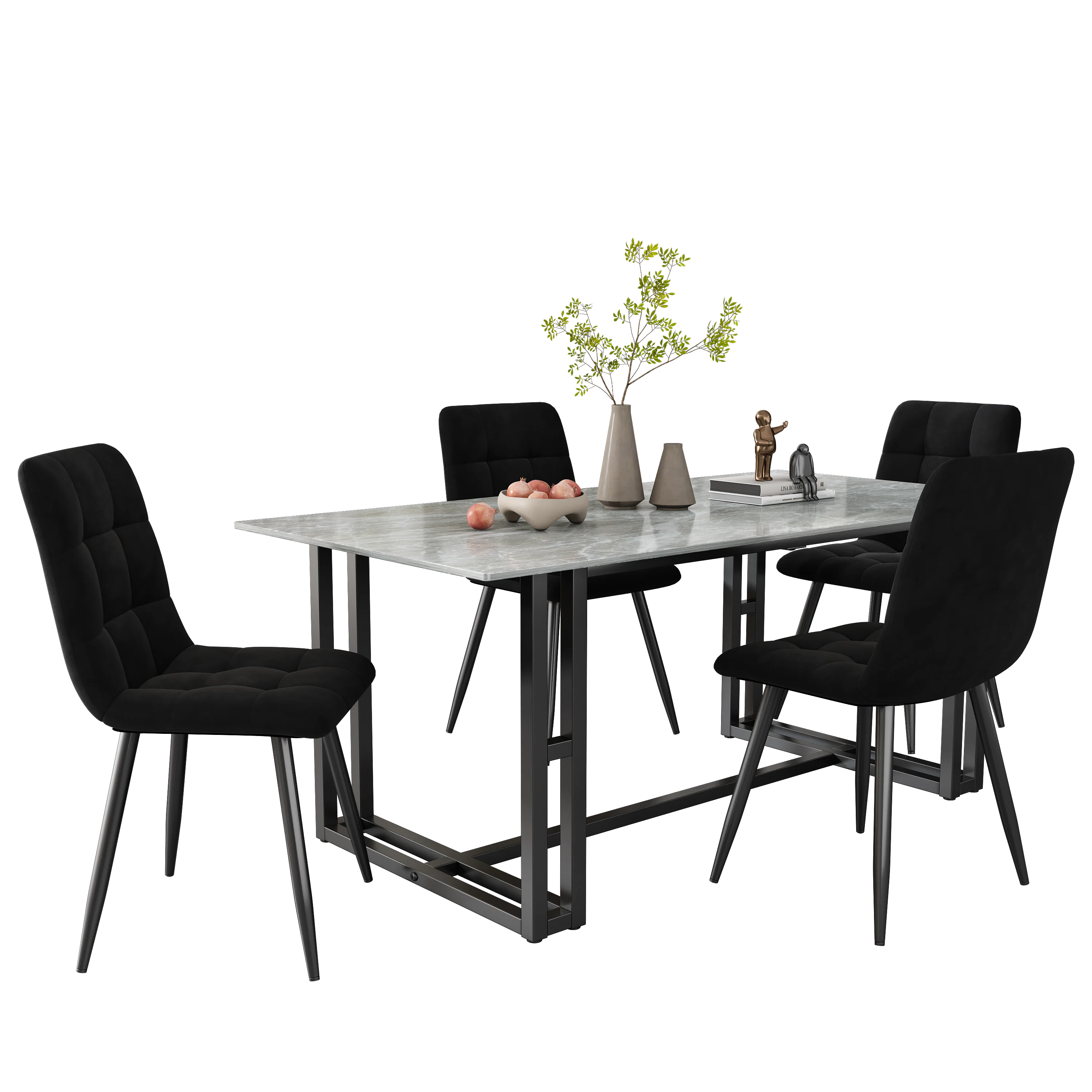 Dining Chair (4 pcs), Upholstered Chair with Backrest, Black Velvet Seat and Metal Frame - Image 3