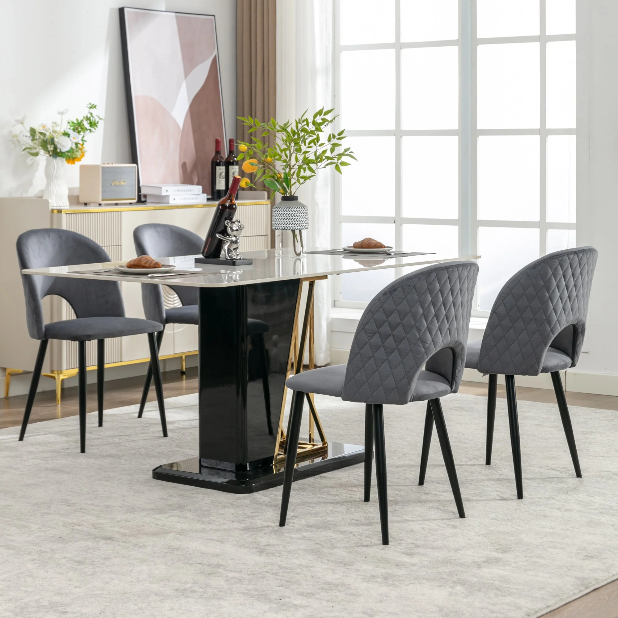 Dining Chair (4 Pcs), Upholstered Velvet Seat with Metal Frame, Gray - Image 2