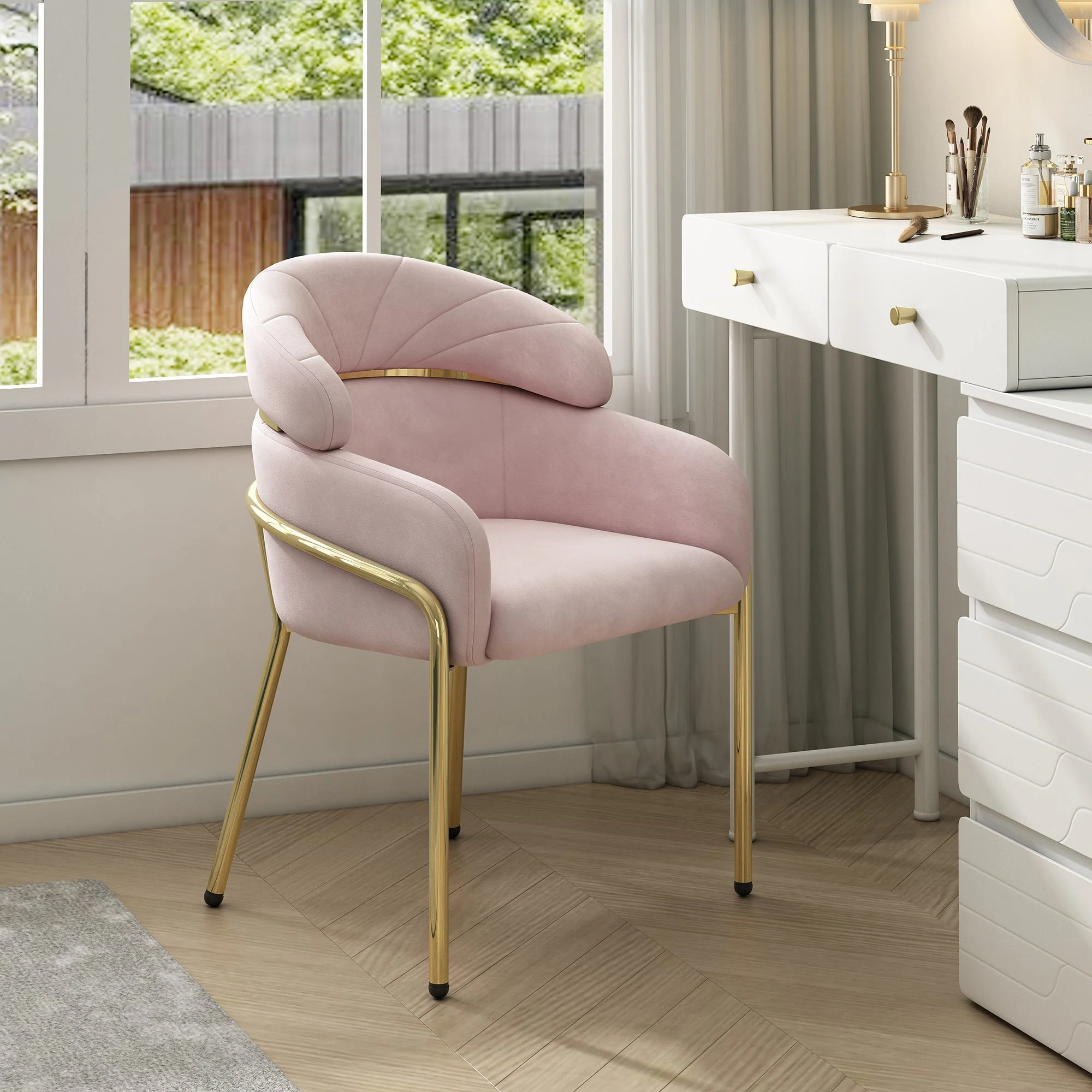 Dining Chair Light Luxury Leisure Metal Legs Velvet Pink - Image 3
