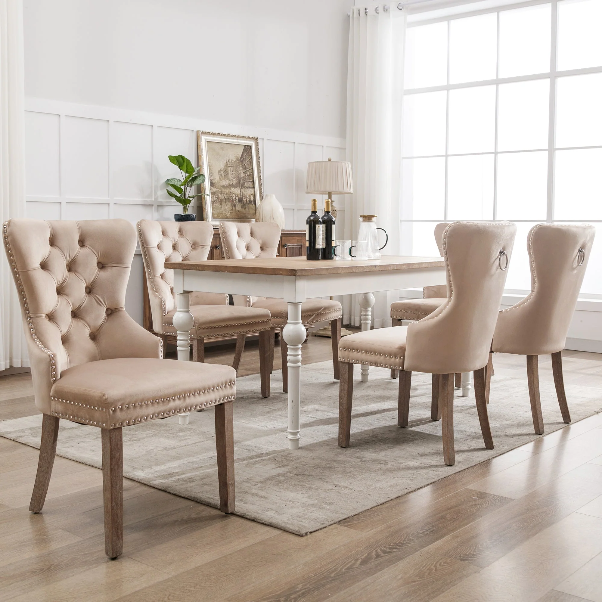 Dining Chair Set 6 Pieces Door Knocker Back Nailhead Trim Solid Wood Legs Beige Velvet - Image 2