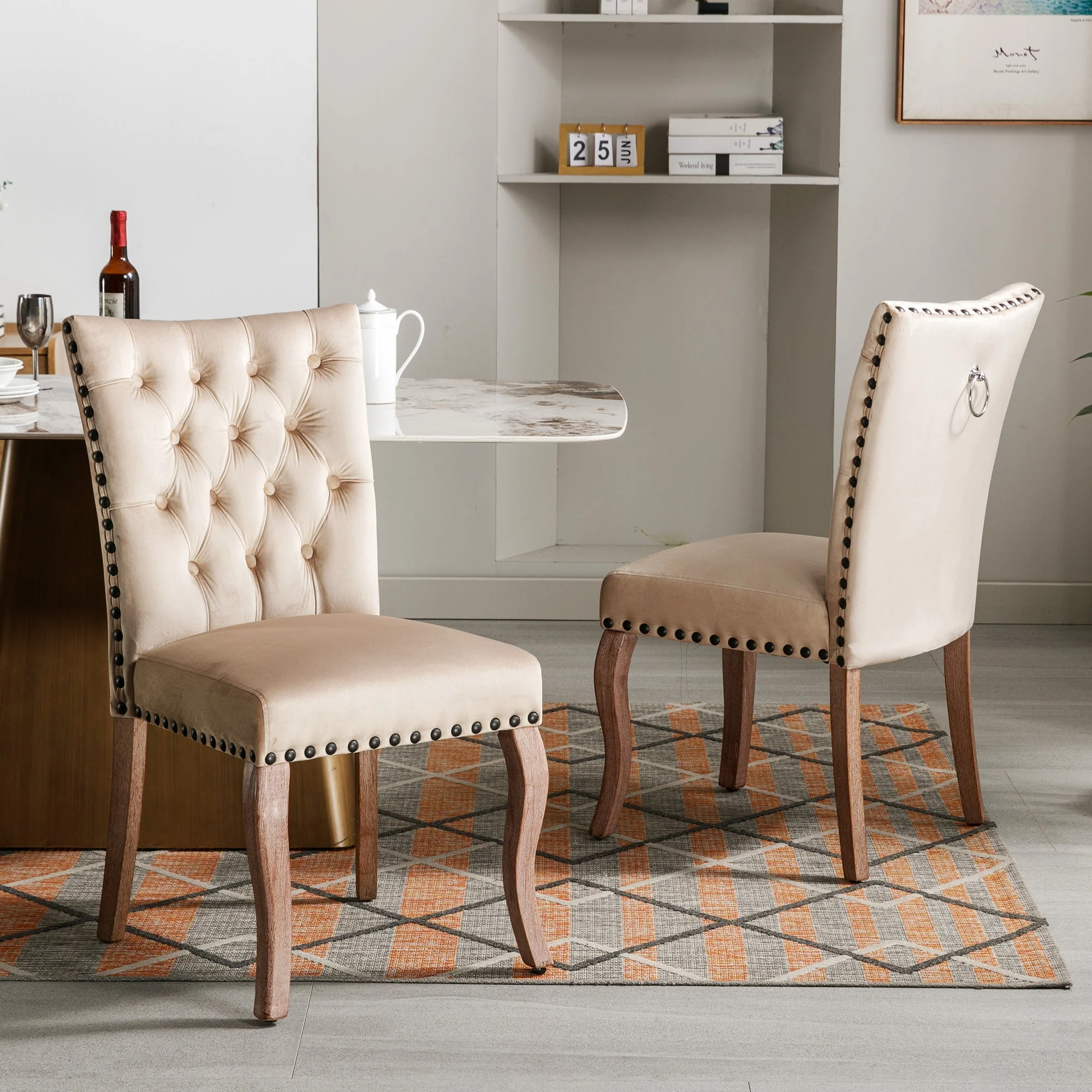 Dining Chair Set of 2 Door Knocker Back Nailhead Trim Light Camel Velvet - Image 3
