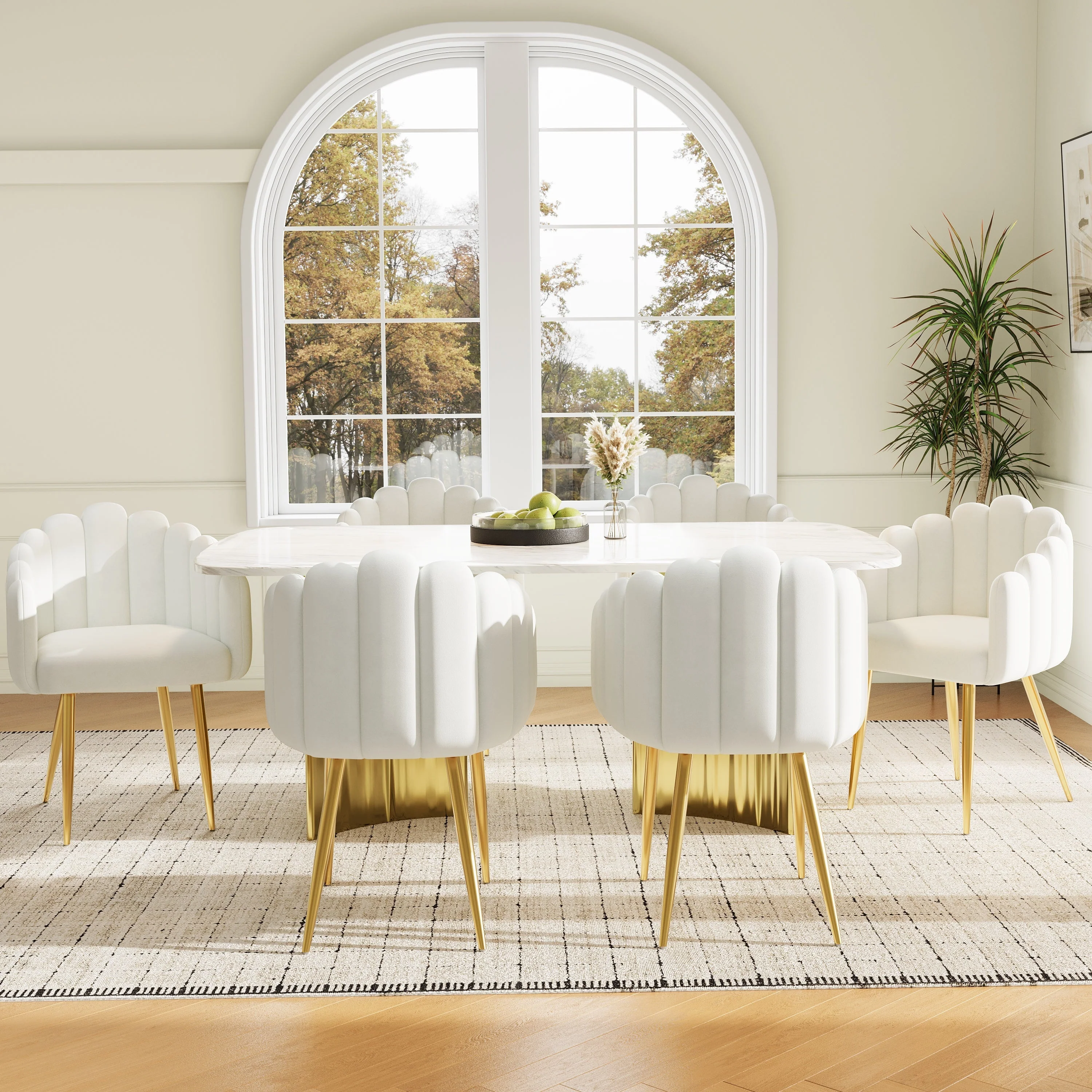 Dining Chair Set of 2 Fan-Shaped Adjustable Gold Legs - Velour Fabric - Image 3