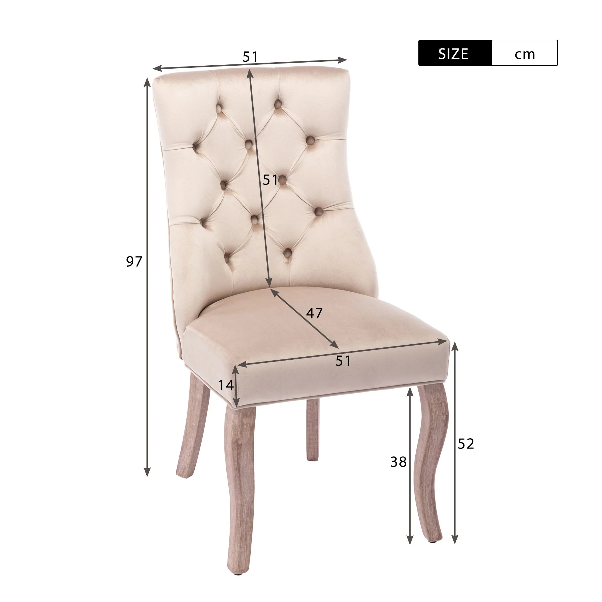 Dining Chair Set of 2 High Back Button Tufting Solid Wood Frame Beige Velvet - Image 6