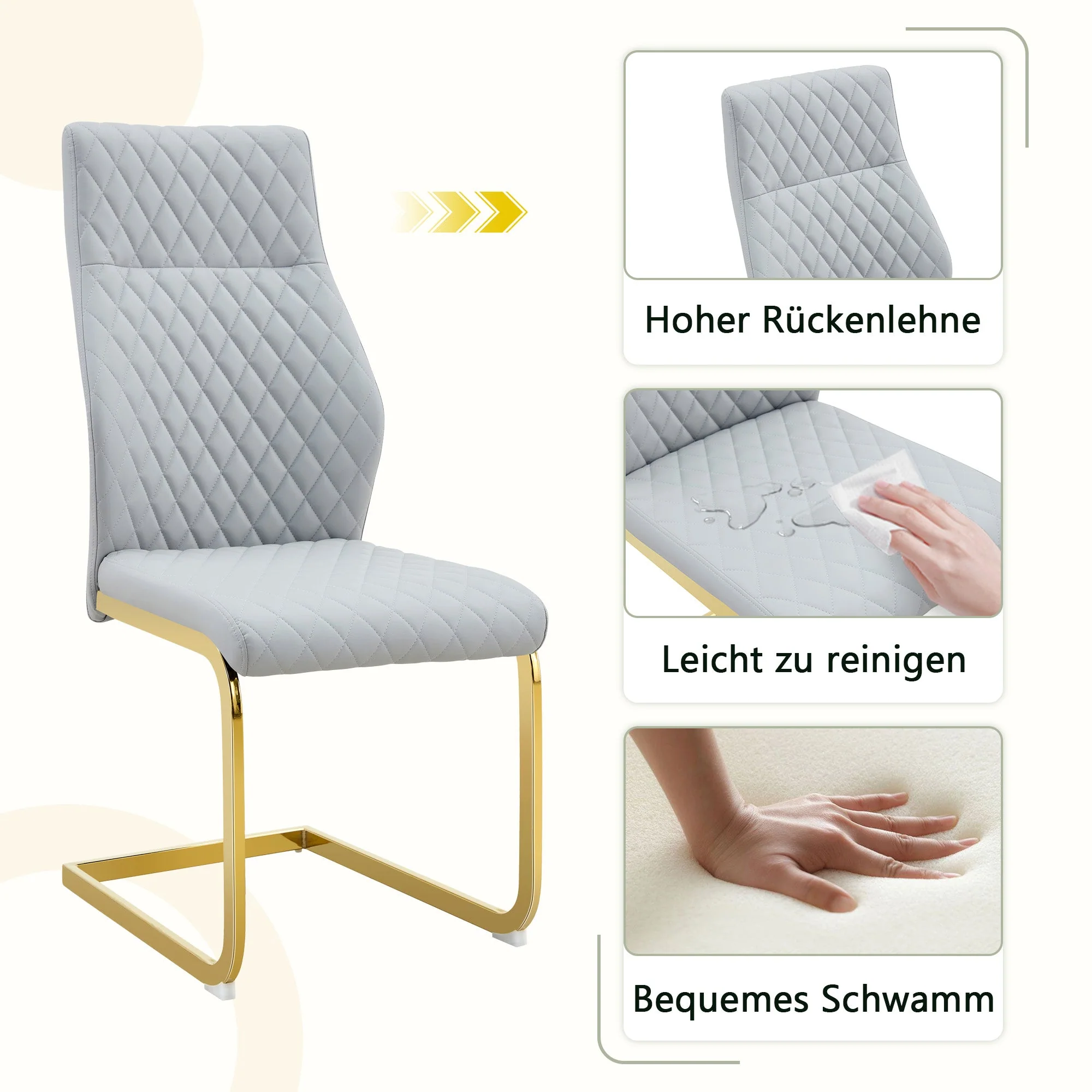 Dining Chair Set of 2, High Backrest and Gold Metal Frame, Light Grey PU Leather - Image 5