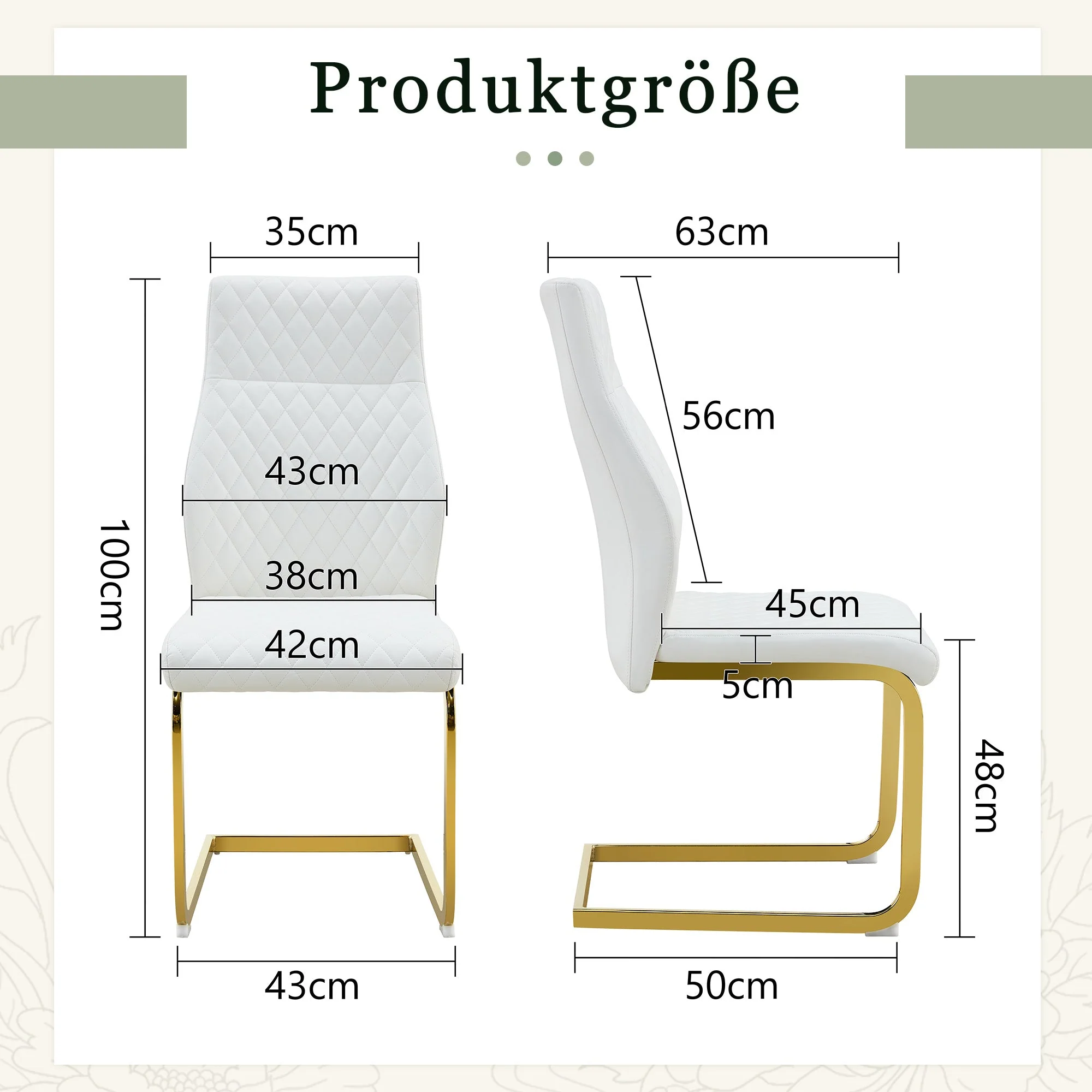 Dining Chair Set of 2, High Backrest and Padded Cushion with Diamond Pattern, White and Gold Metal - Image 4