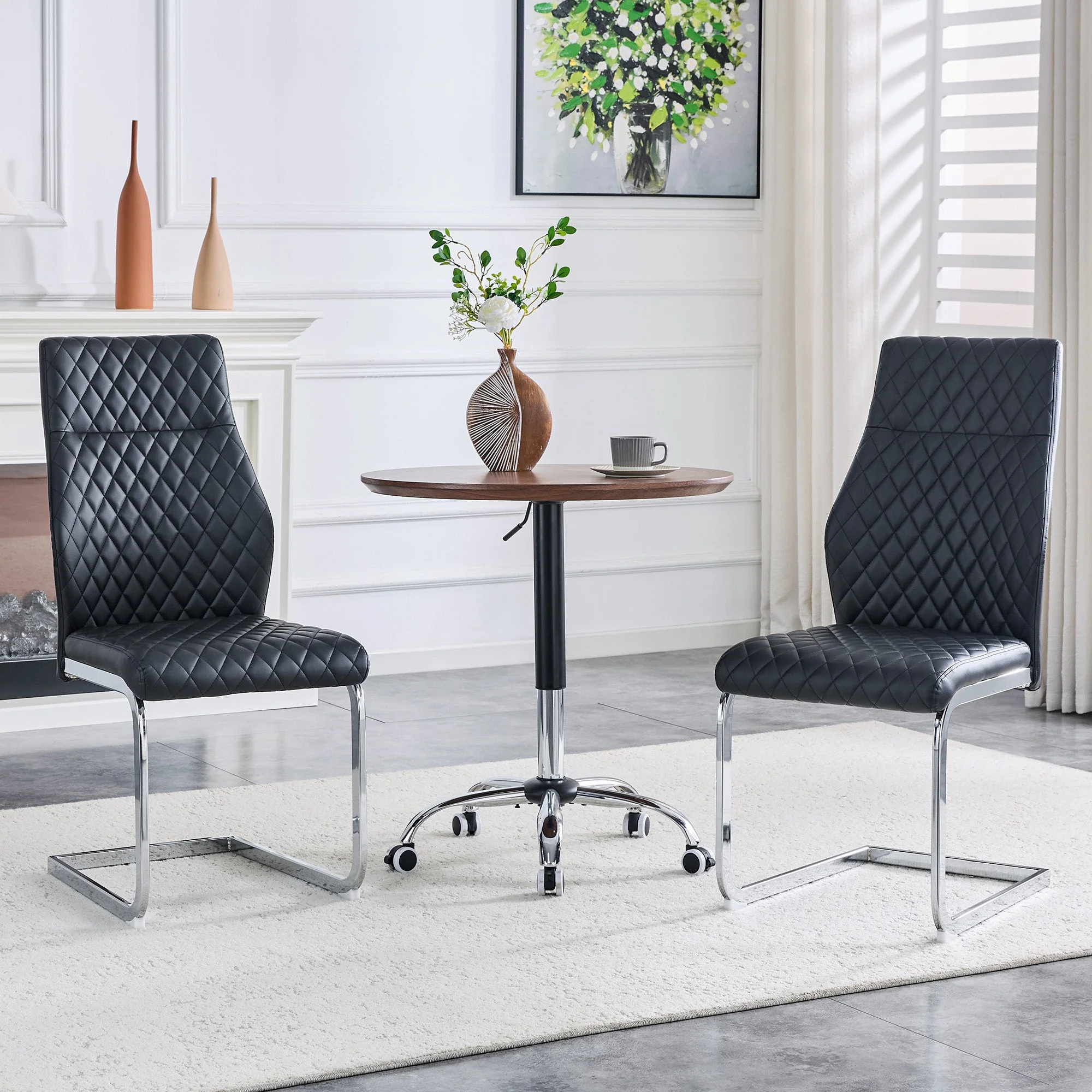 Dining Chair Set of 2, High Backrest and Padded Seat with Metal Frame, Black Diamond Pattern - Image 3