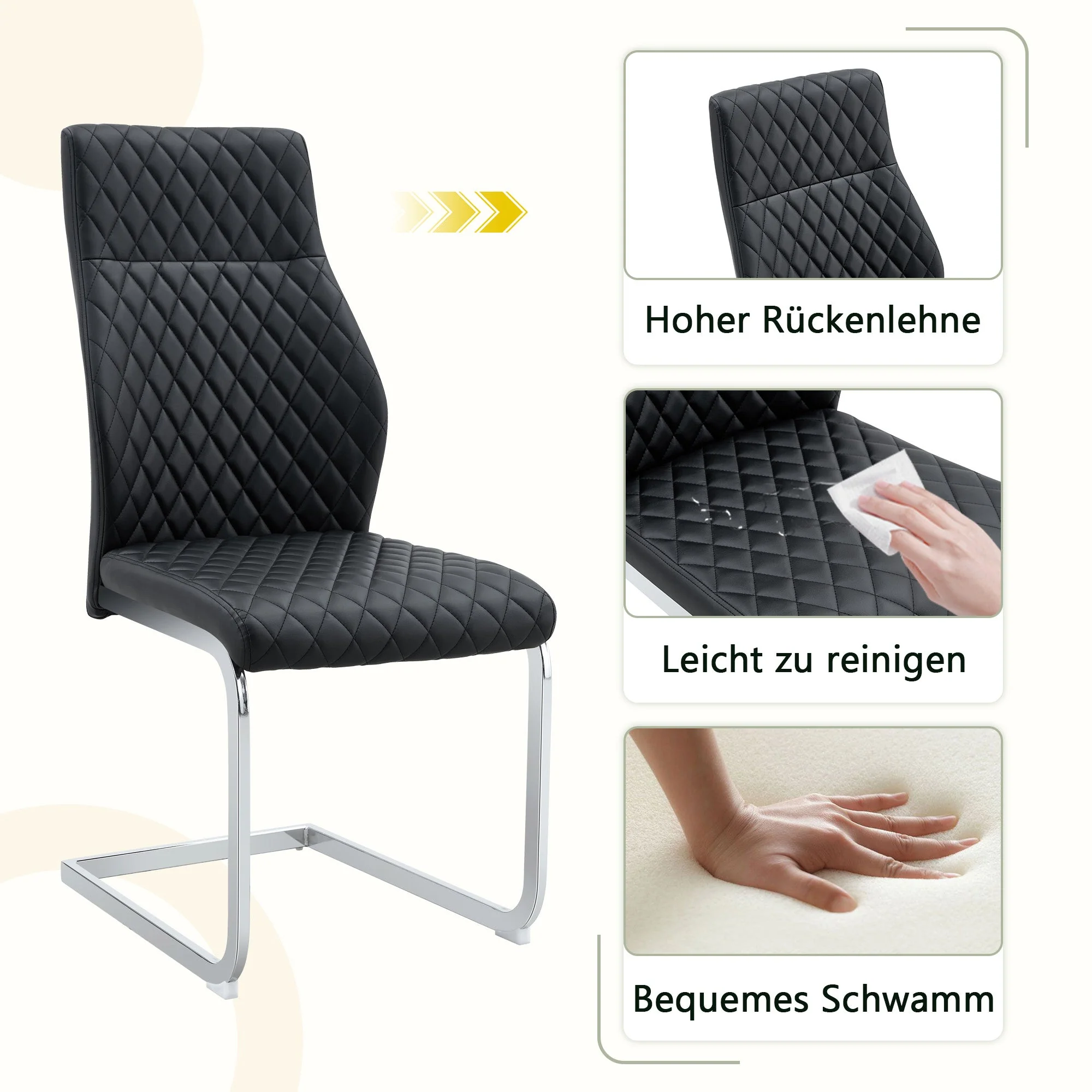 Dining Chair Set of 2, High Backrest and Padded Seat with Metal Frame, Black Diamond Pattern - Image 4