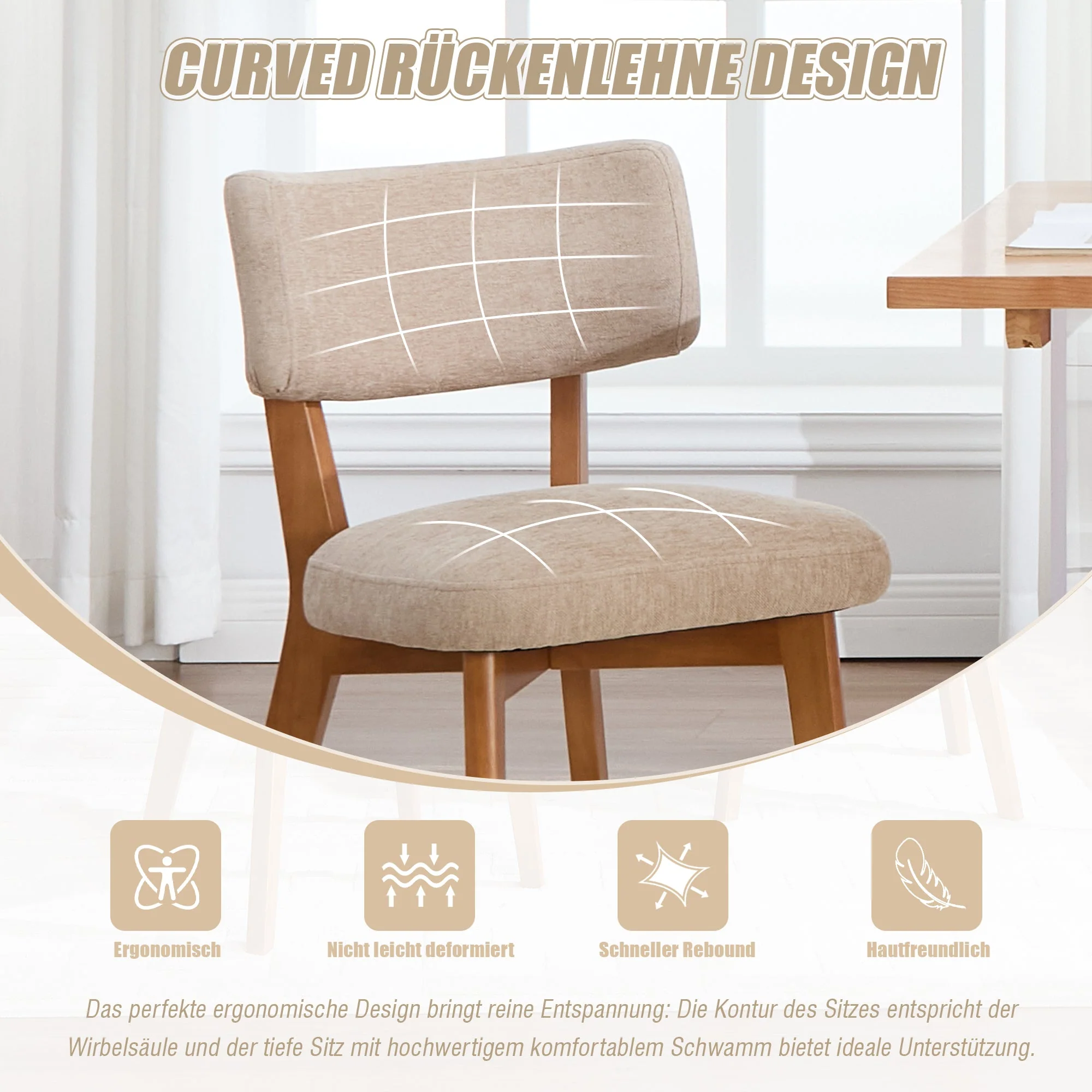 Dining Chair Set of 2, Mid-Century Solid Wood Legs Upholstered Seat - Fabric - Image 6