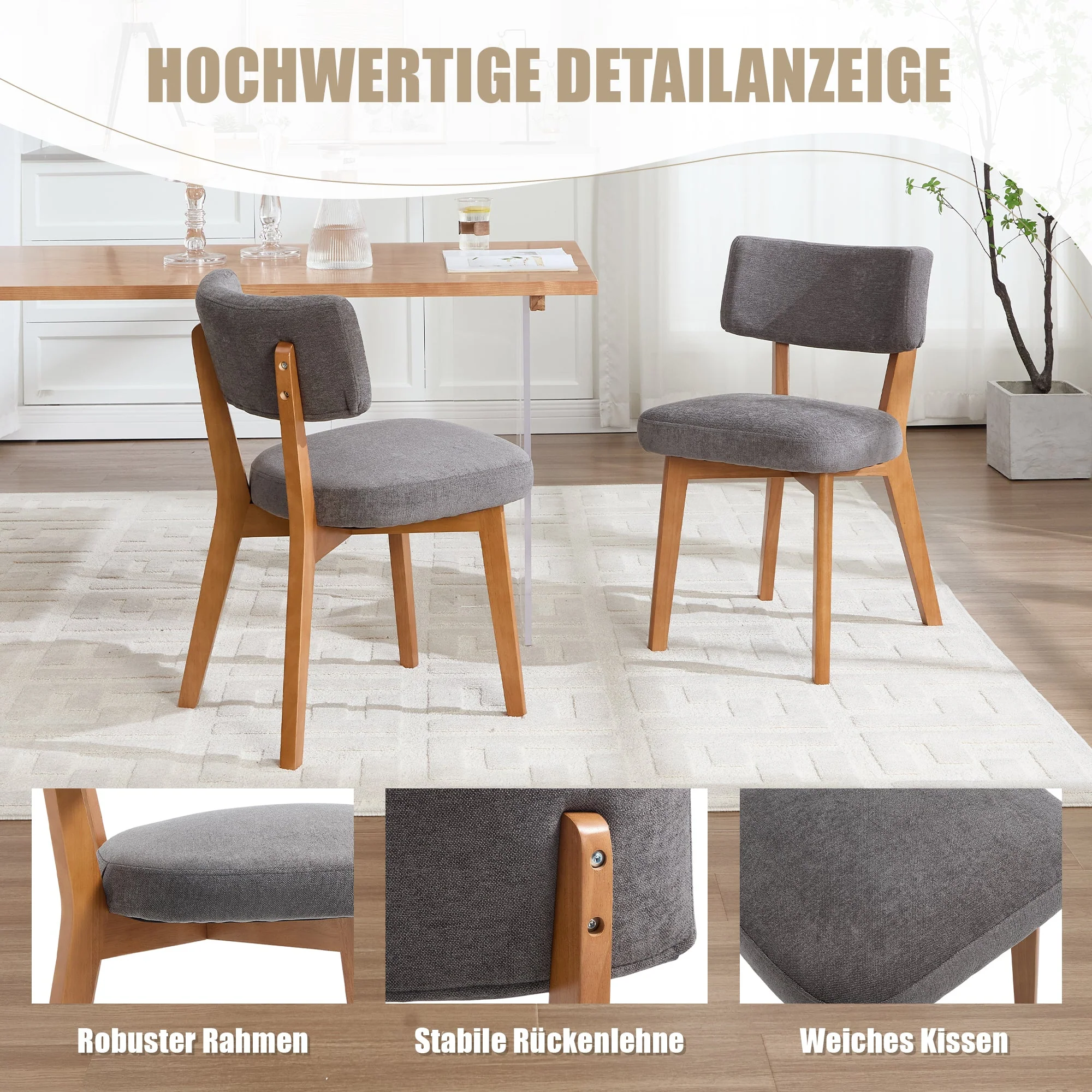 Dining Chair Set of 2, Mid-Century Style Solid Wood Legs Fabric Upholstered - Image 3