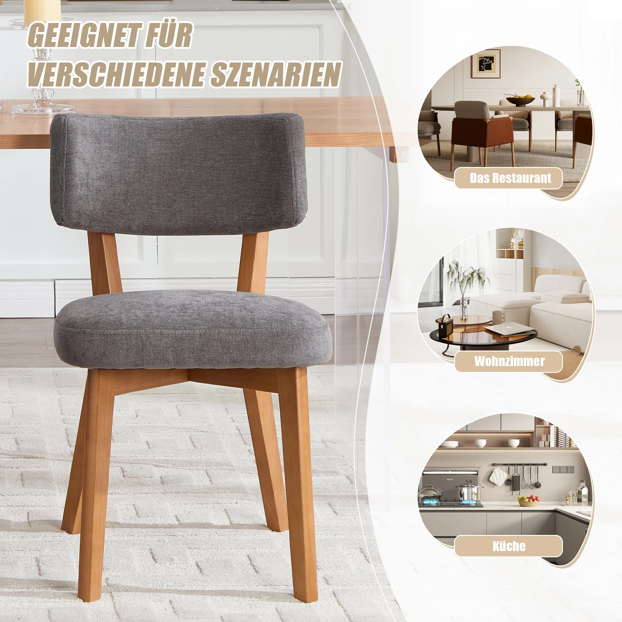Dining Chair Set of 2, Mid-Century Style Solid Wood Legs Fabric Upholstered - Image 6