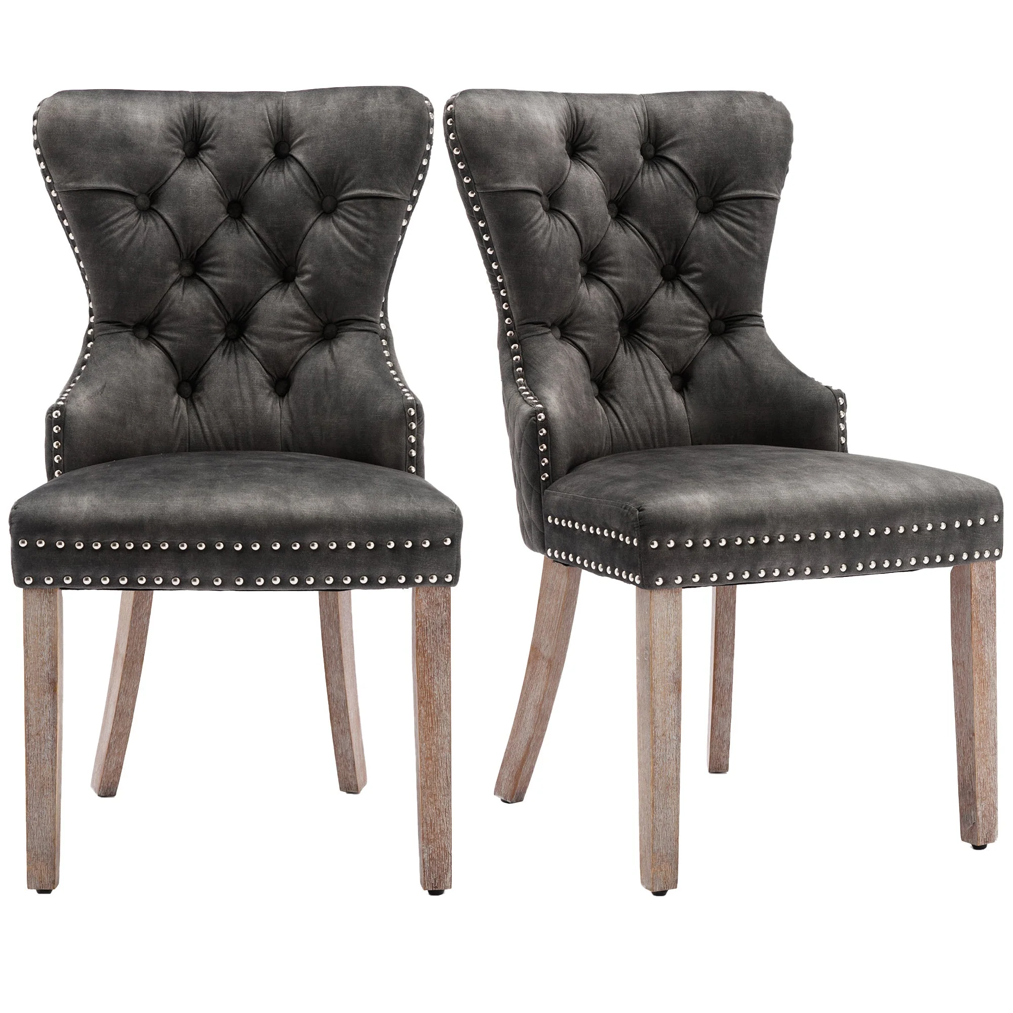 Dining Chair Set of 2 Upholstered Door Knocker Back Nailhead Trim Velvet, Grey - Image 10