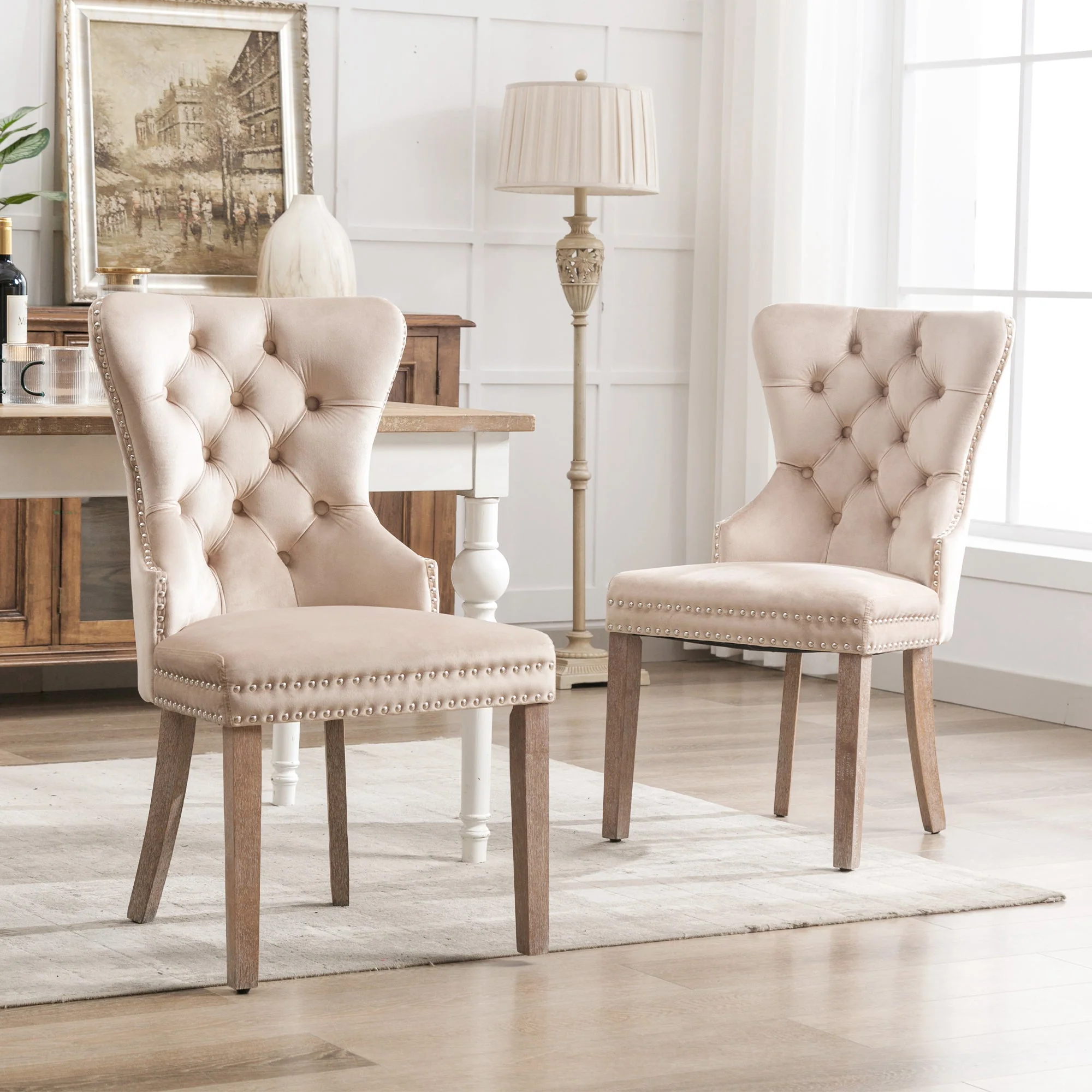 Dining Chair Set of 2, Upholstered Door Knocker Nailhead Trim Solid Wood, Beige Velvet