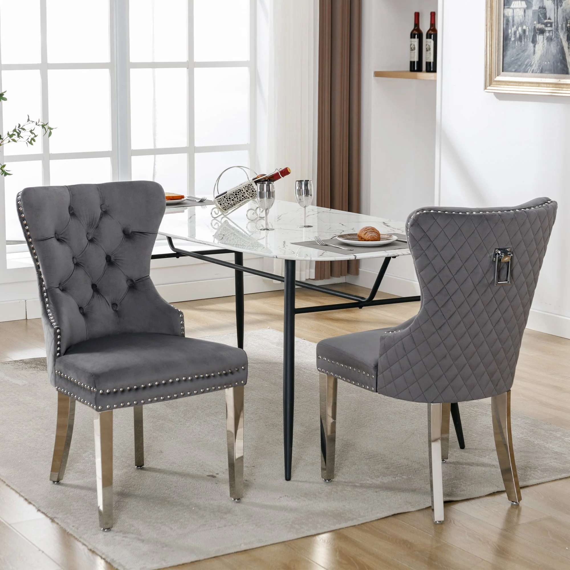 Dining Chair Set of 2 Upholstered Velvet Door Knocker Grey - Image 2