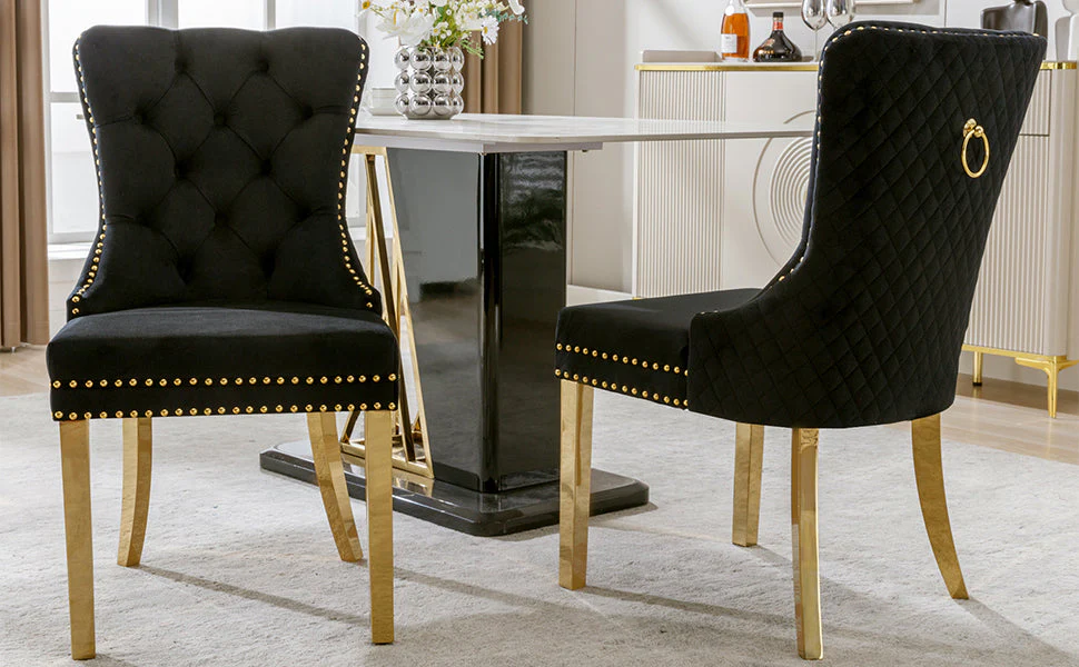 Dining Chair Set of 2 Upholstered Velvet Round Pull Ring Back Nailhead Trim Black/Gold - Image 9