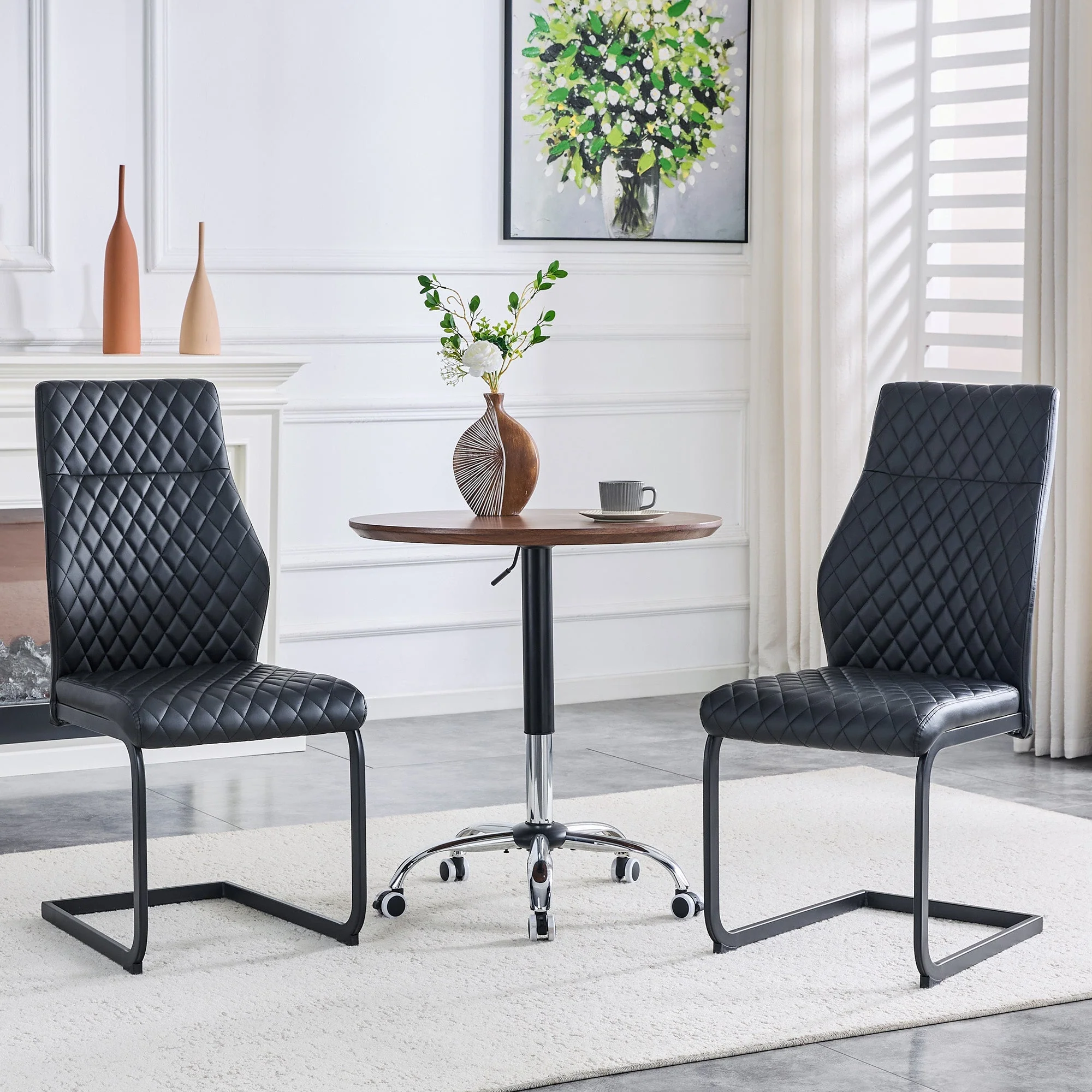 Dining Chair Set of 2 with High Backrest and Diamond Pattern, Black Metal Frame and PU Leather - Image 2