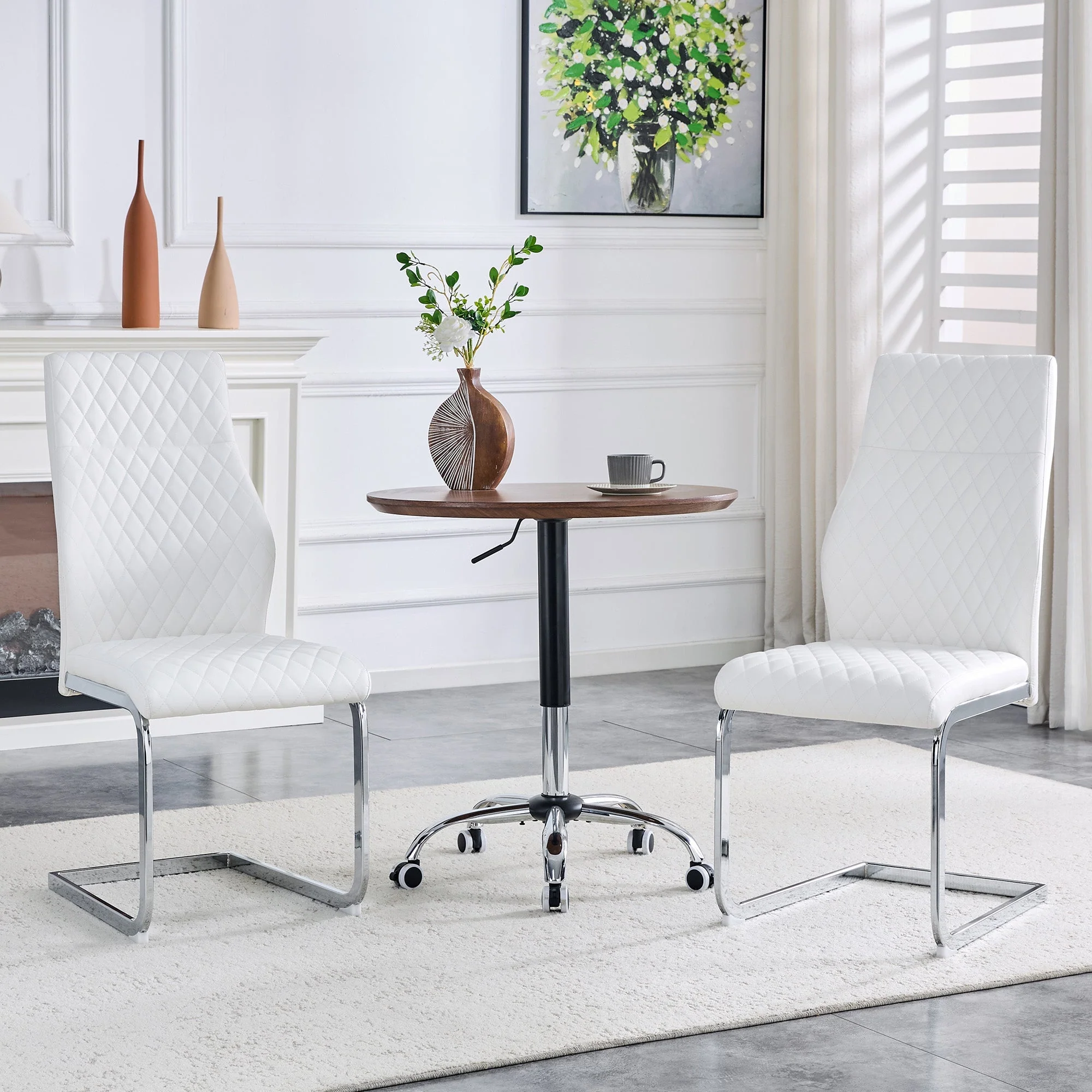 Dining Chair Set of 2 with High Backrest and Padded Seat, White PU Leather and Silver Metal - Image 2