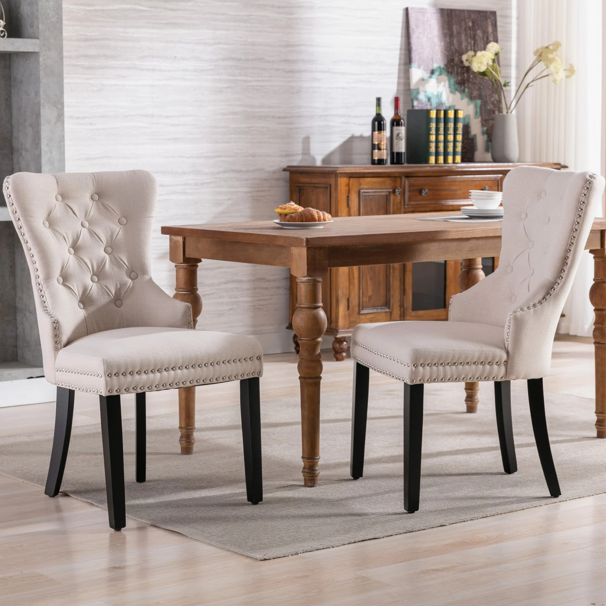Dining Chair Set of 4, Linen, Oak Legs, Button and Nailhead Trim, Beige - Image 2