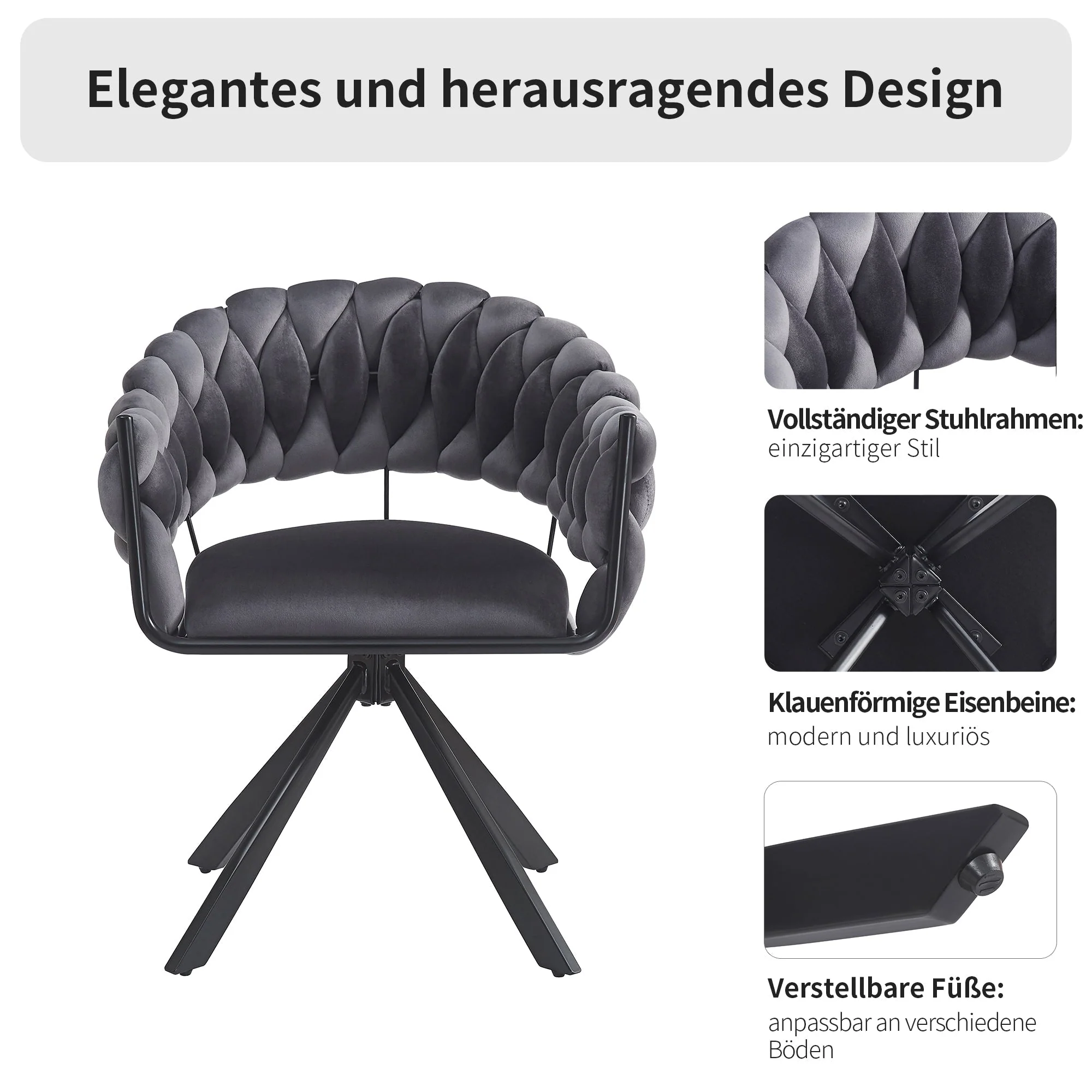 Dining Chair Set of 4, Modern Velvet Ergonomic Vanity Metal Legs, Grey - Image 7