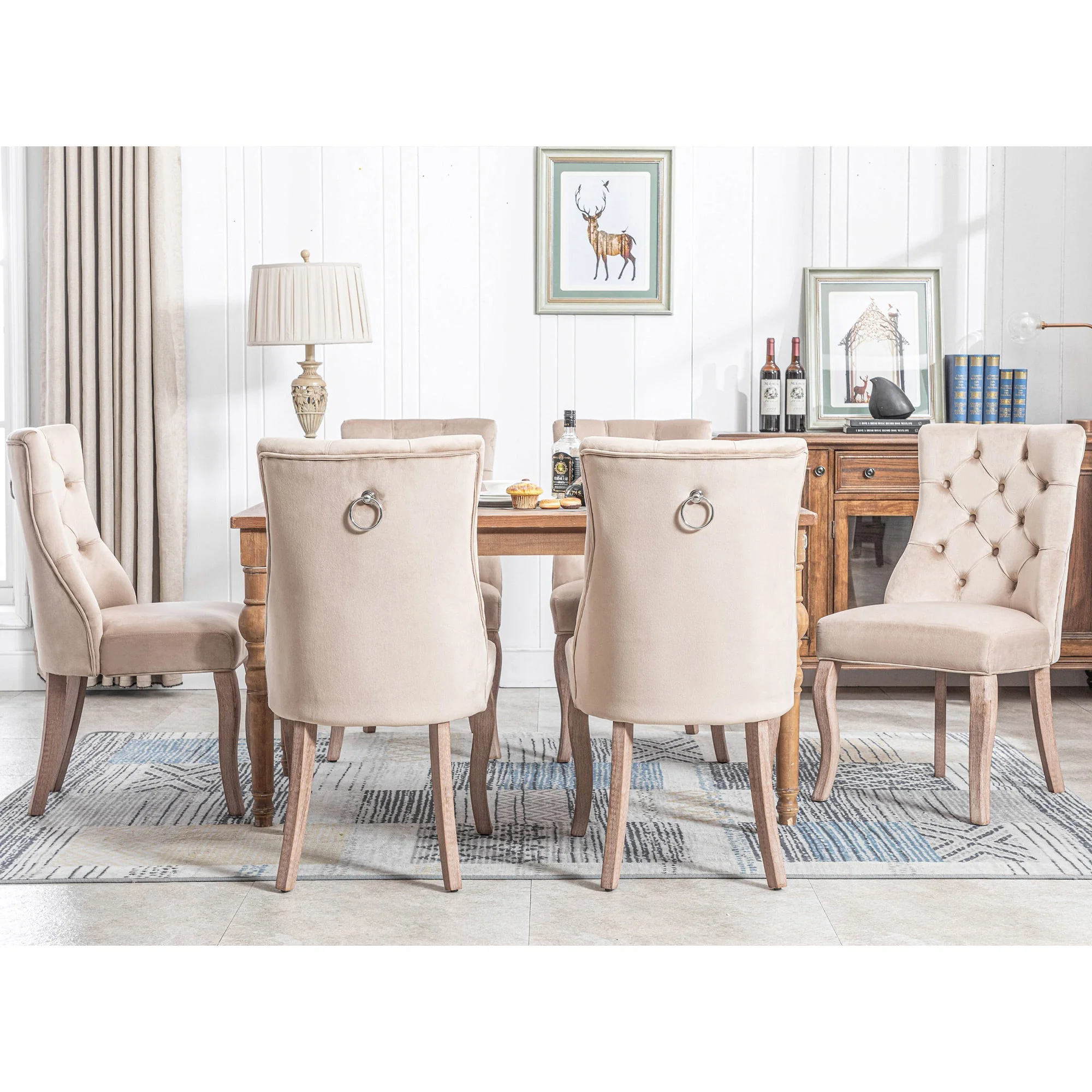 Dining Chair Set of 6 High Back Button Tufted Solid Wood Frame Beige Velvet - Image 4
