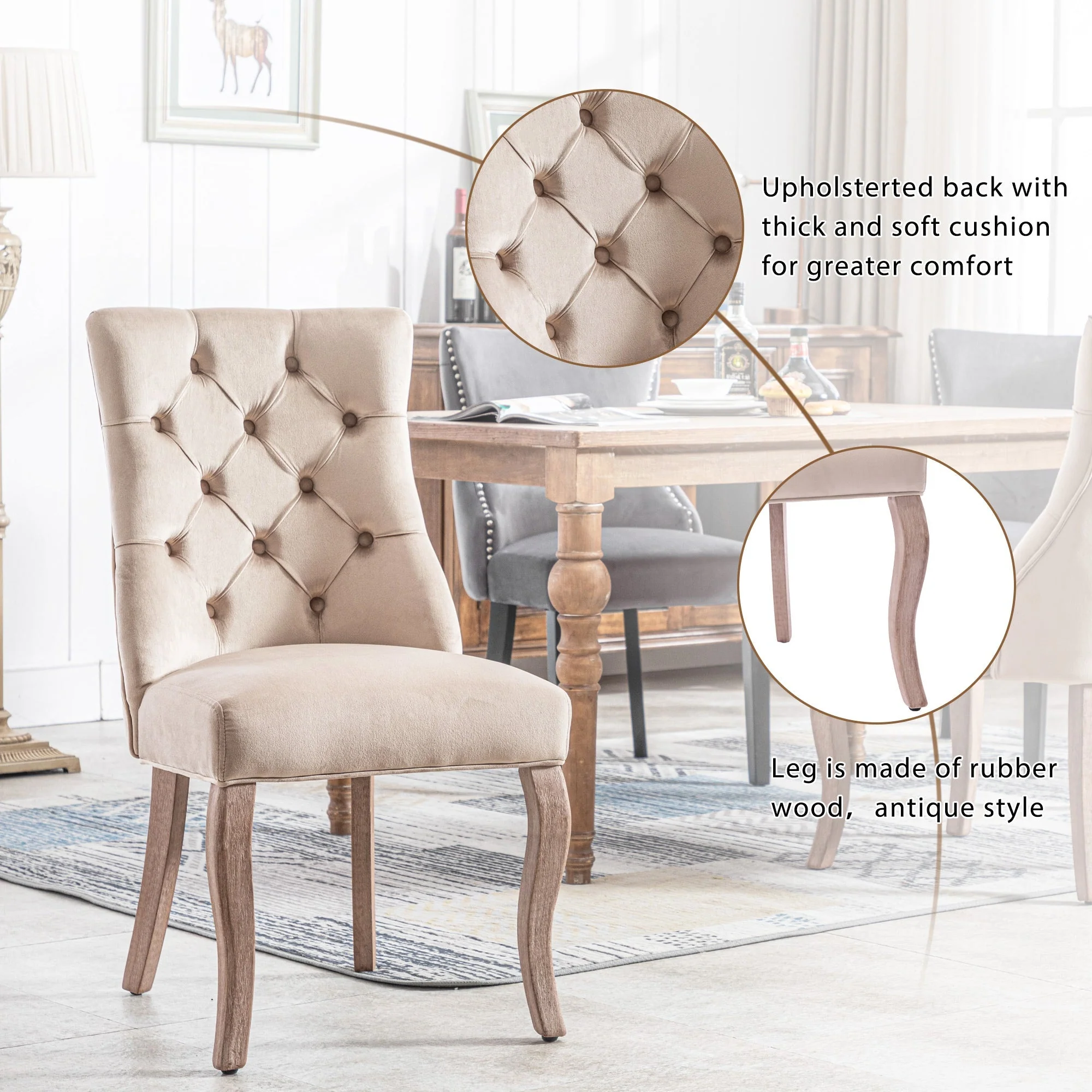 Dining Chair Set of 6 High Back Button Tufted Solid Wood Frame Beige Velvet - Image 8