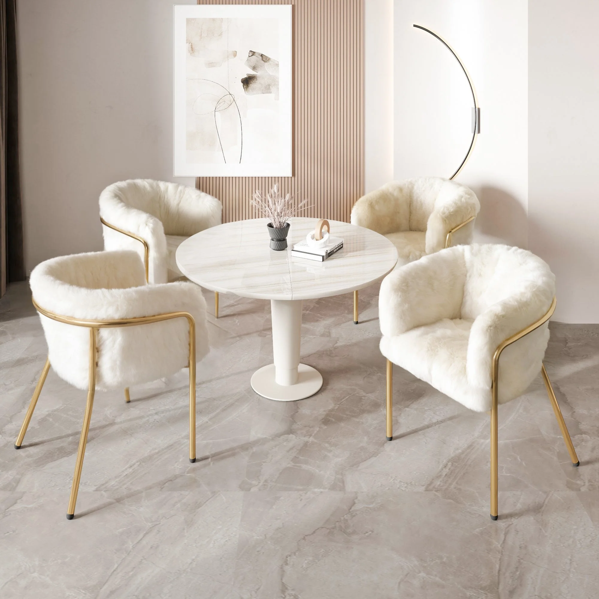 Dining Chair, Set of 6, Leisure and Dressing Chair for Living Room and Bedroom, Metal Legs, Imitation Rabbit Down Beige - Image 4