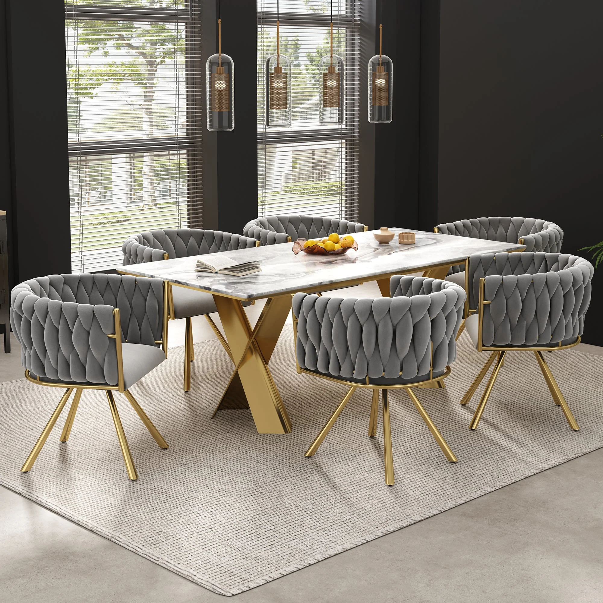Dining Chair Set of 6 Swivel Metal Legs - Velvet Grey/Gold - Image 4