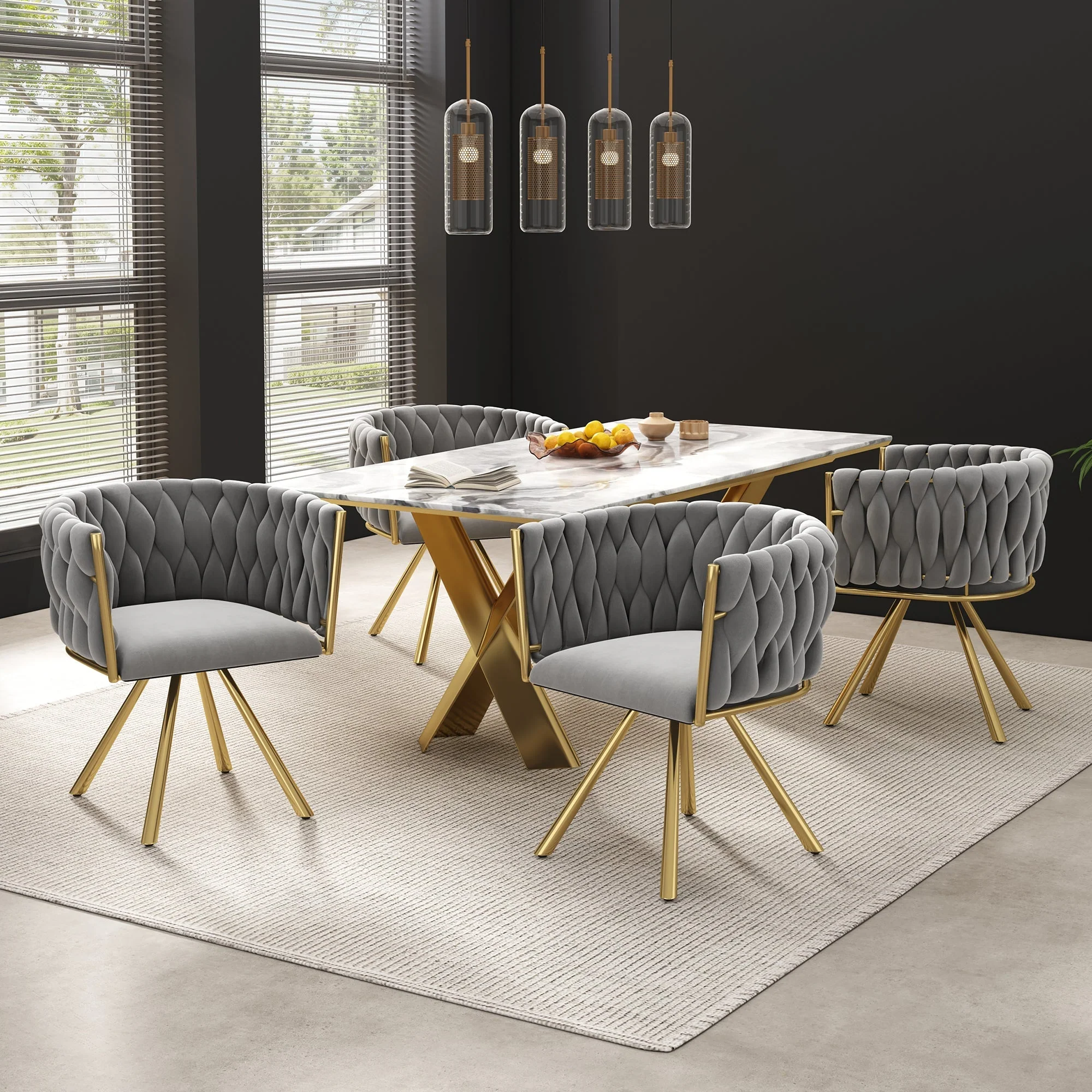 Dining Chair Set of 6 Swivel Metal Legs - Velvet Grey/Gold - Image 5