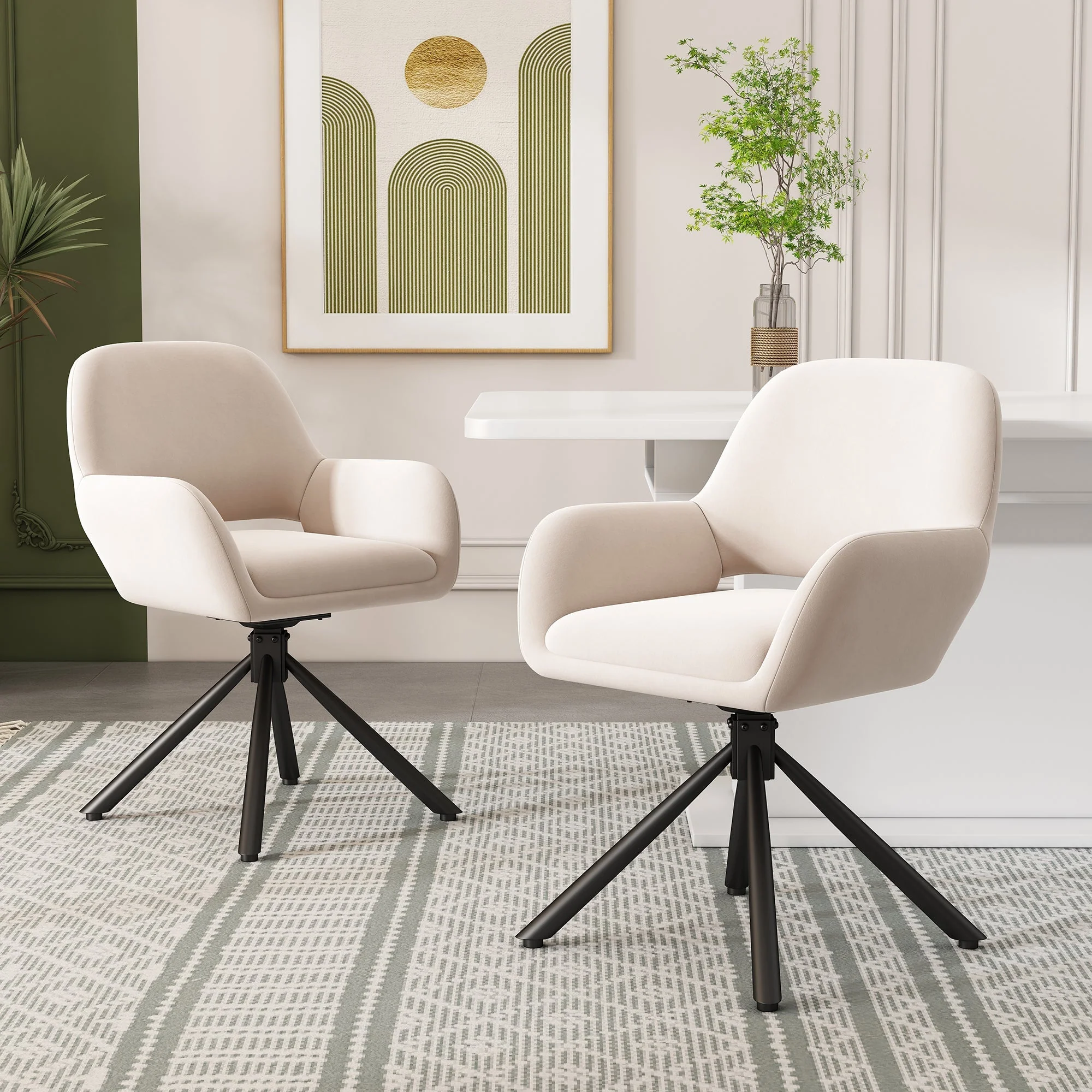 Dining Chair Set of 6 Swivel Modern With Handrails Velvet Beige - Image 3