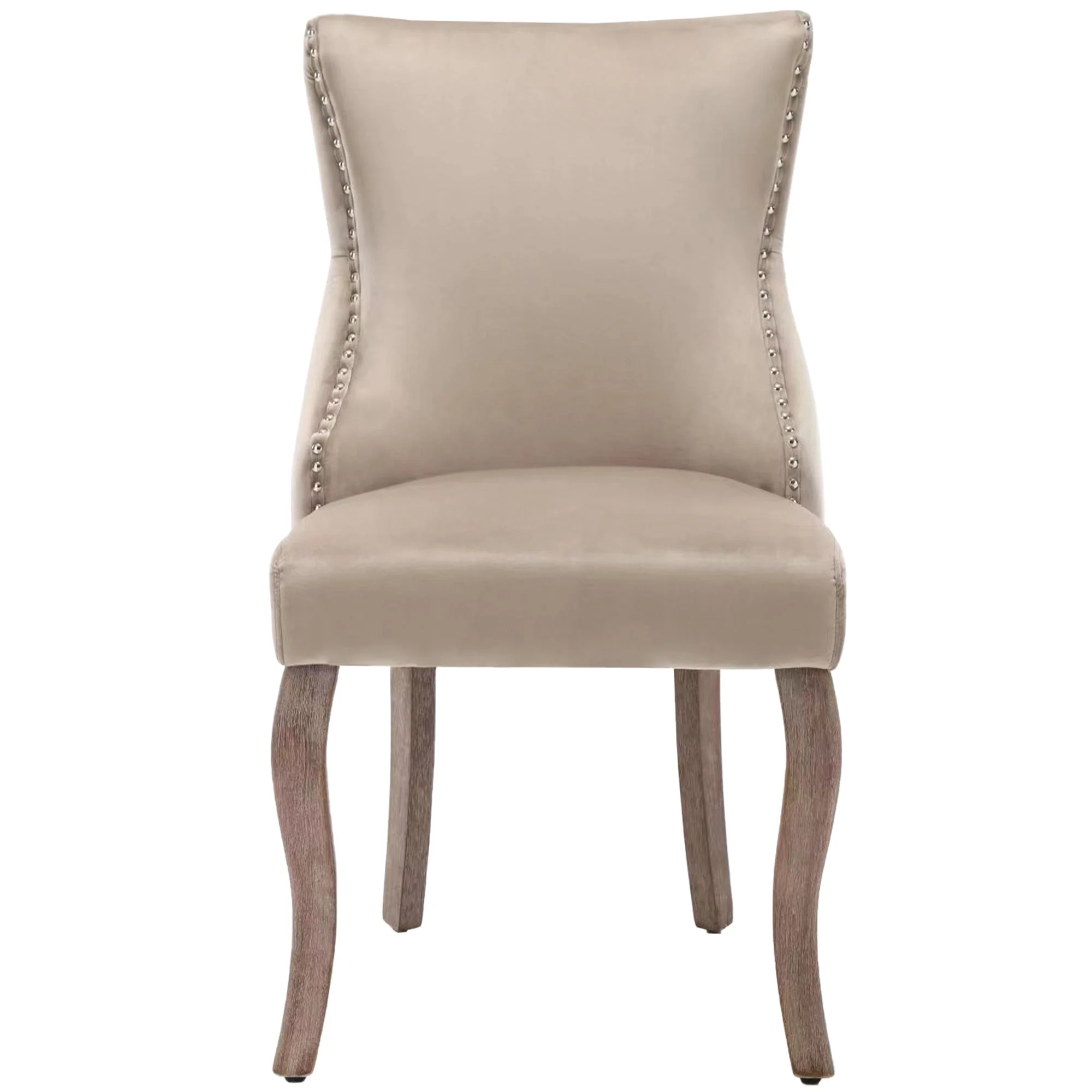 Dining Chair Set of 6 Upholstered Button Tufting Nailhead Trim Curved Solid Wood Legs Beige Velvet - Image 6
