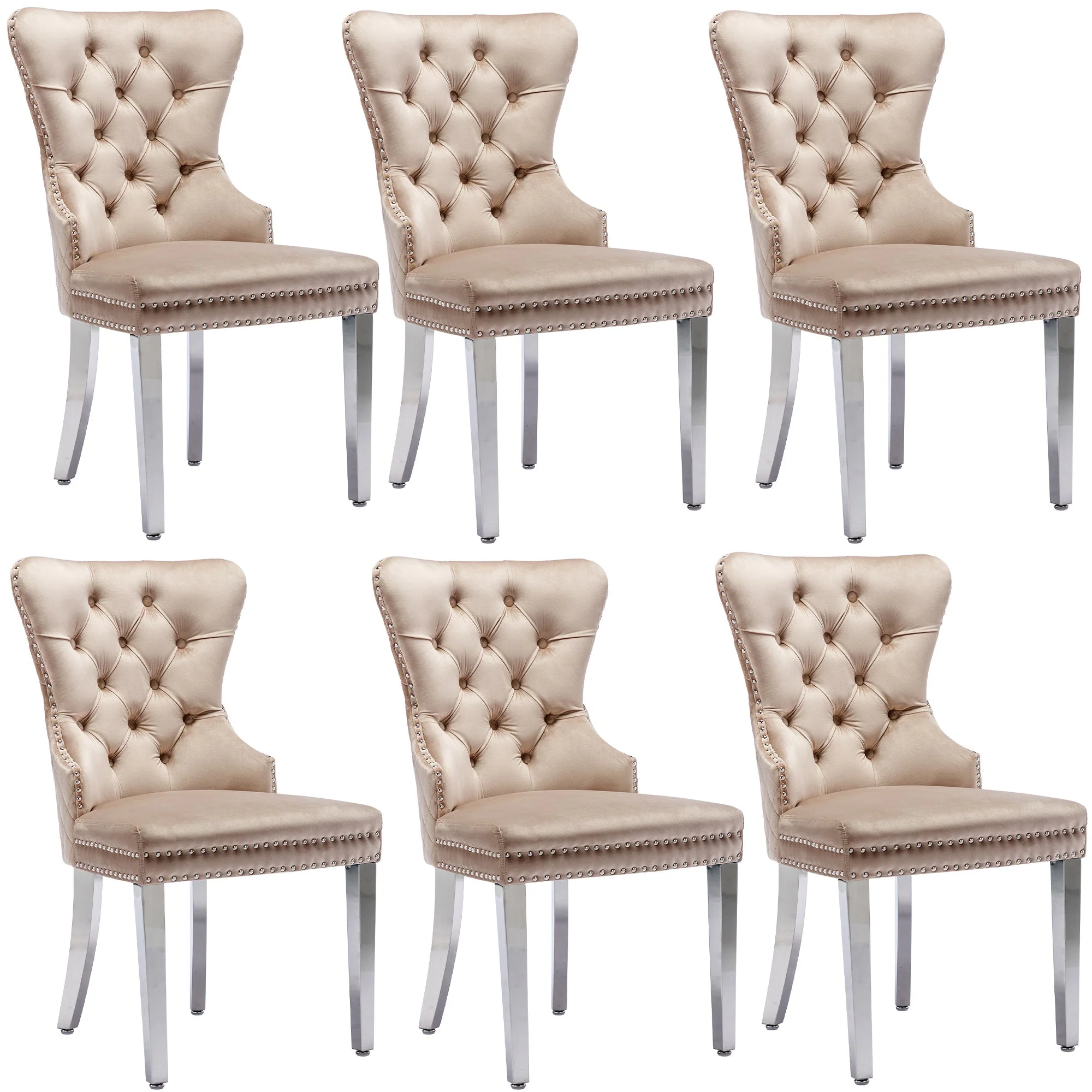 Dining Chair Set of 6 Upholstered Nailhead Trim Door Knocker Back Beige Velvet - Image 10