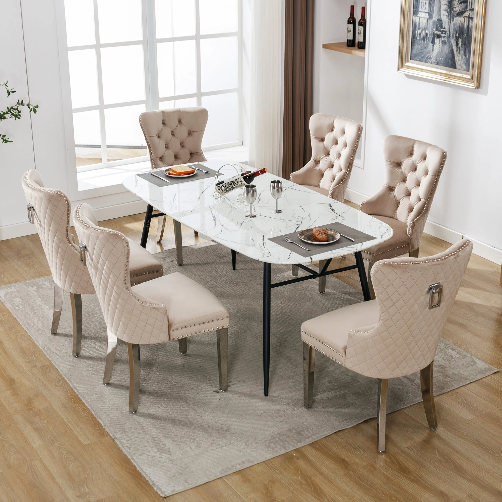 Dining Chair Set of 6 Upholstered Nailhead Trim Door Knocker Back Beige Velvet - Image 2