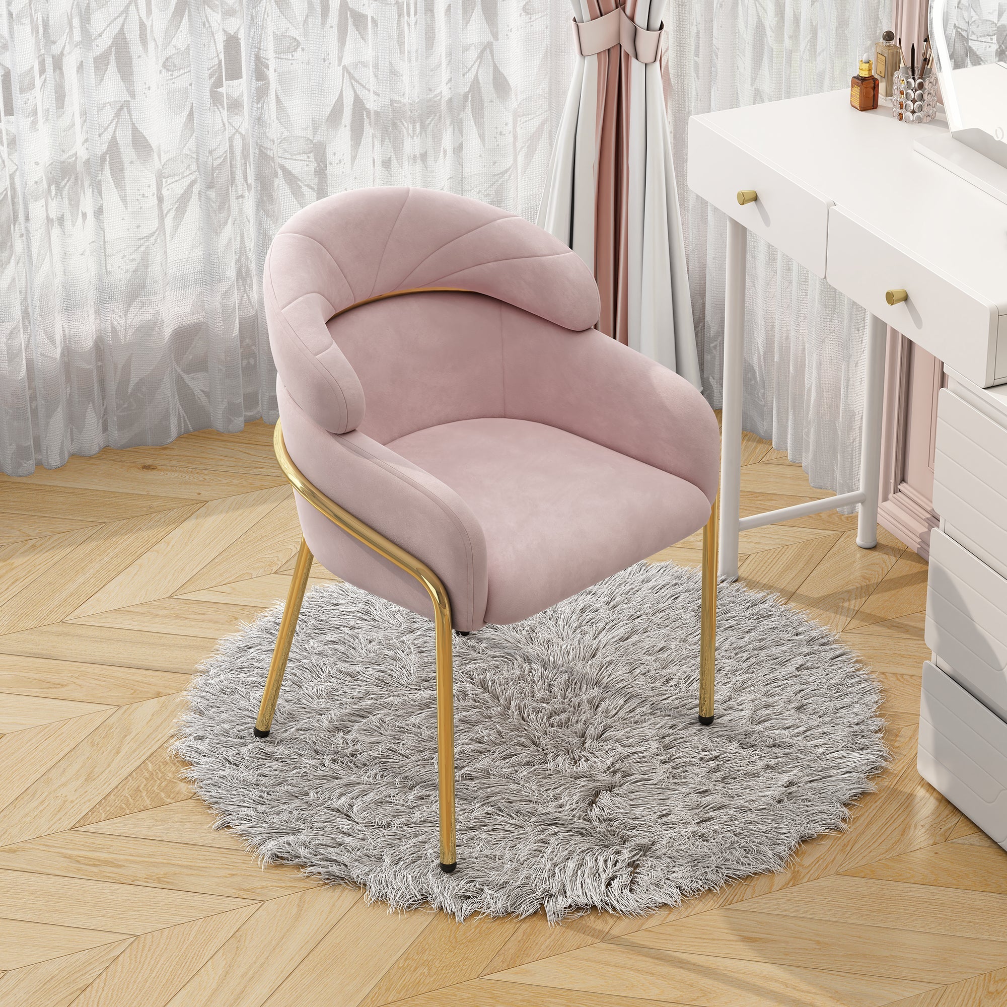 Dining Chair, Single Light Luxury Leisure Chair with Metal Legs, Pink Velvet - Image 3