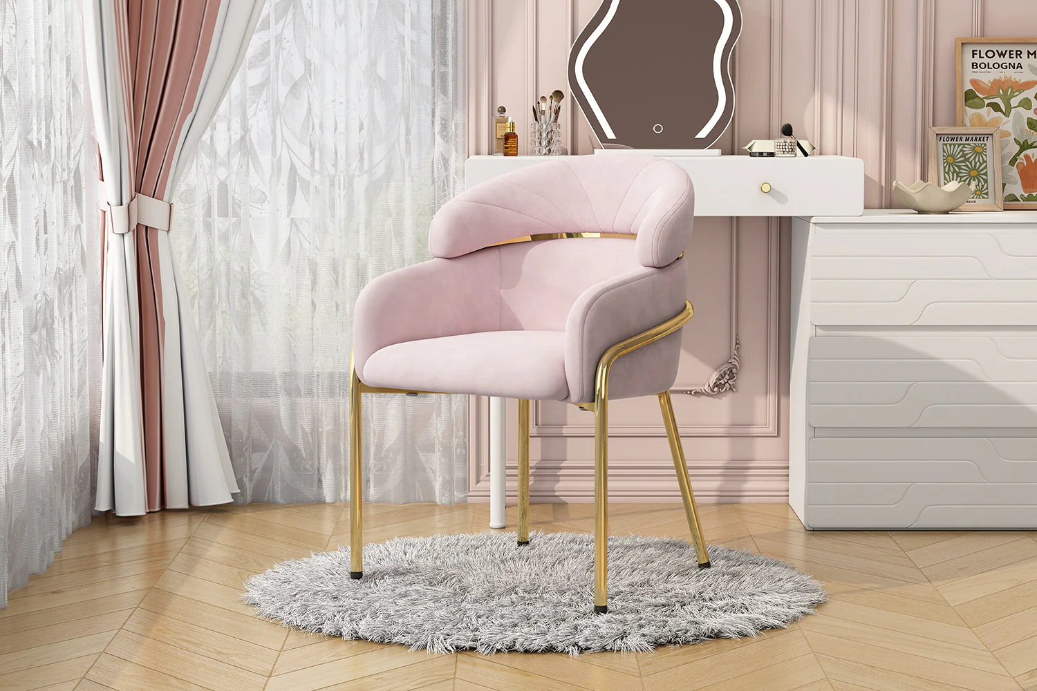 Dining Chair, Single Light Luxury Leisure Chair with Metal Legs, Pink Velvet - Image 9