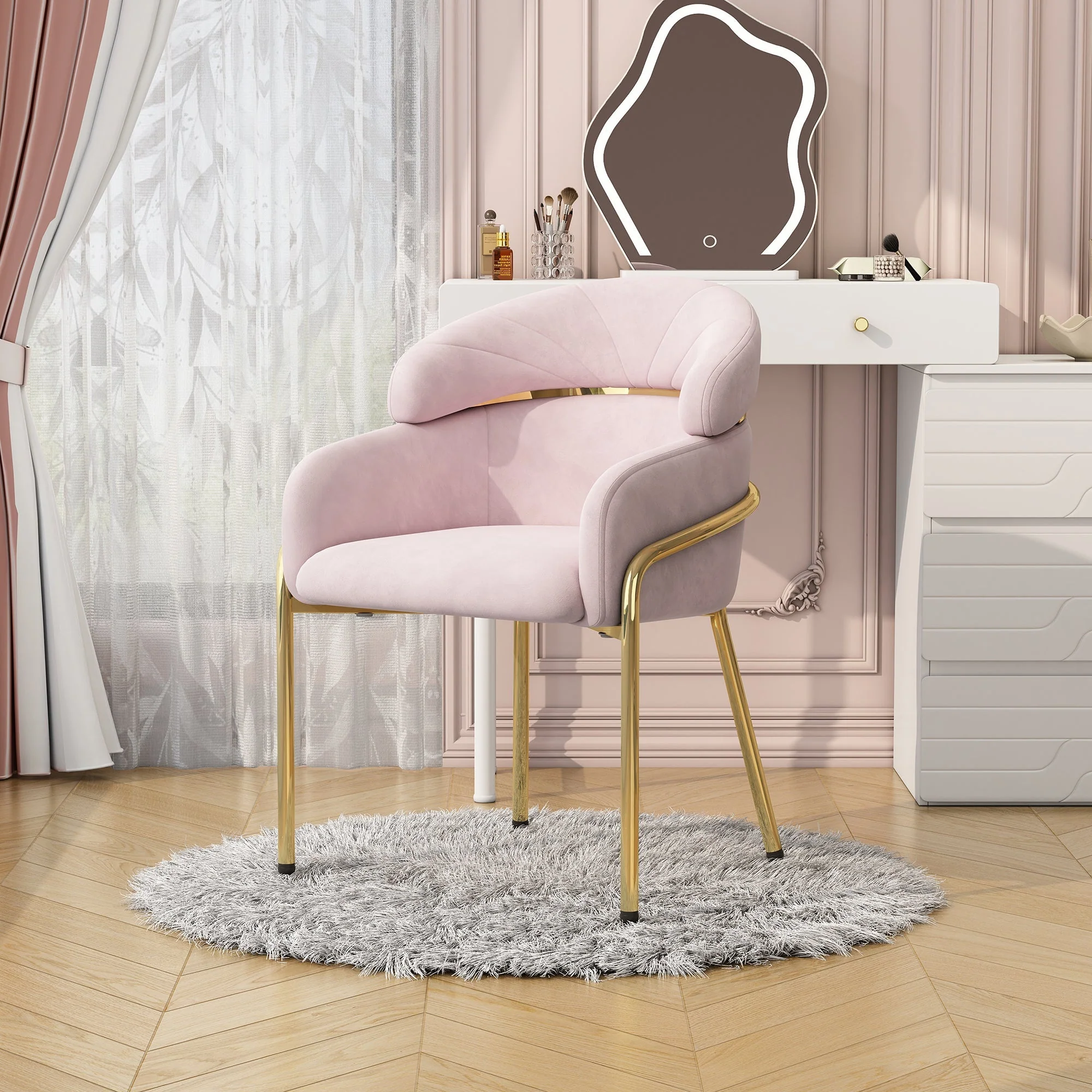 Dining Chair Single Light Luxury with Metal Legs Velvet Pink - Image 2