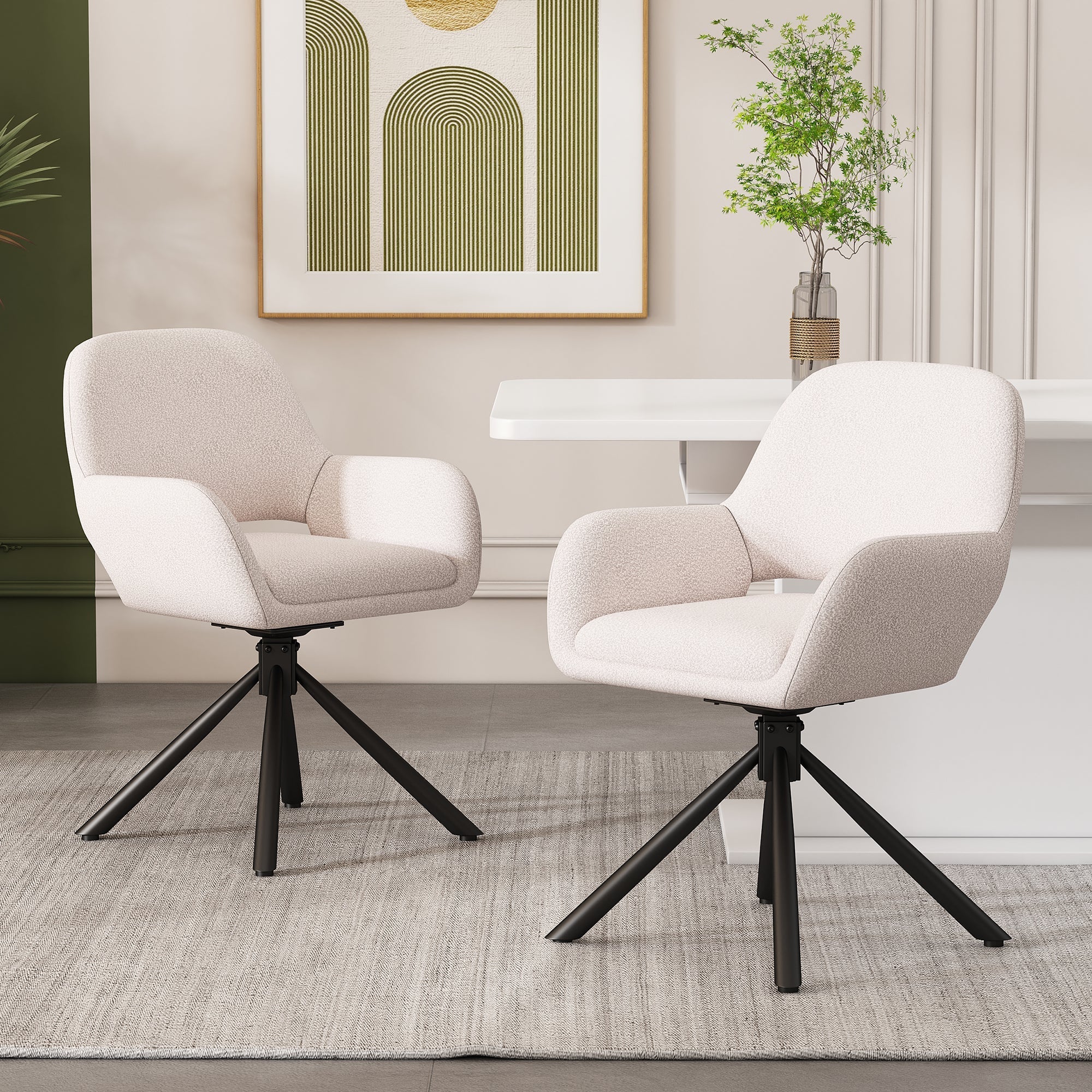 Dining Chair Swivel Set of 4 with Handrails - Sherpa White - Image 3