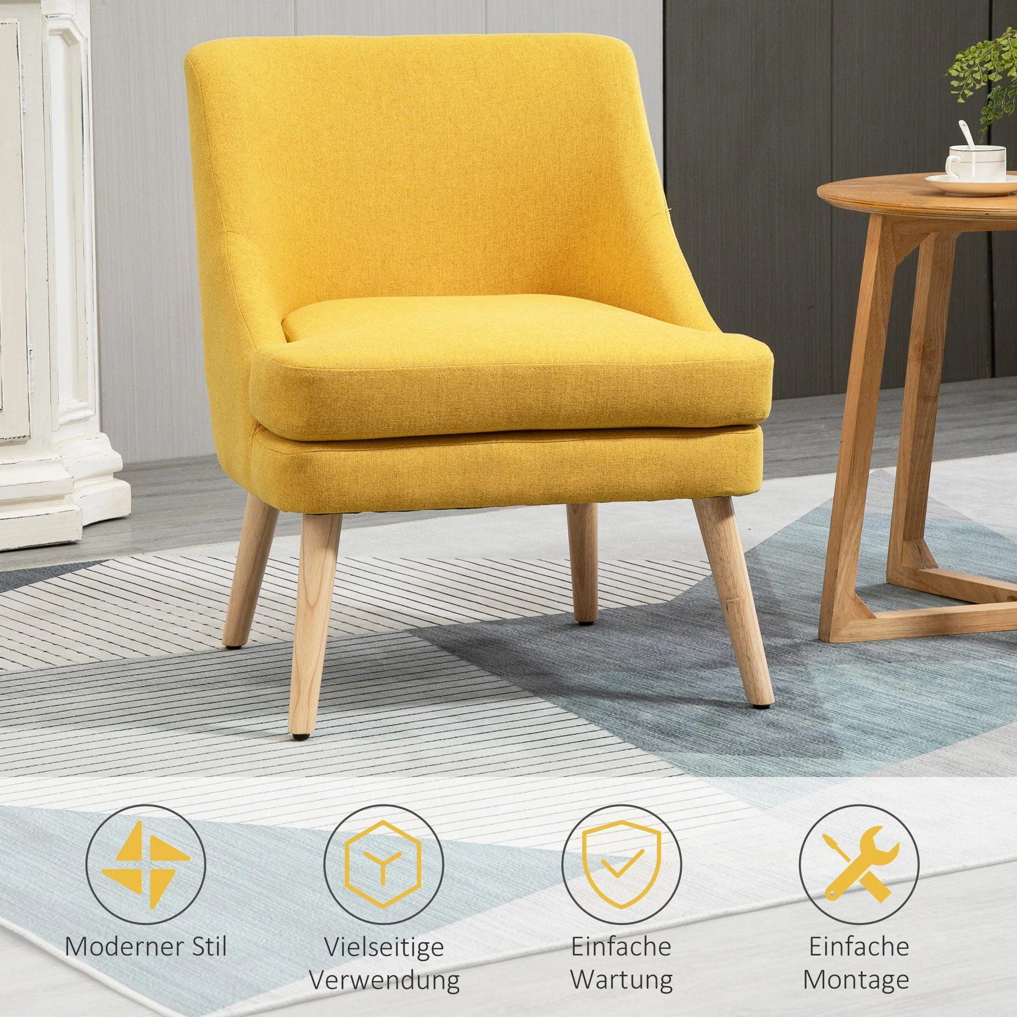 Dining Chair Upholstered with Armrests, Home & Office, Linen-Touch Wood Yellow - Image 6